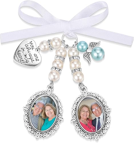 Miniatura 1 de Encanto de ramo de boda con foto personalizada, marco de fotos personalizado, ángel de campana, dije algo azul para fiesta nupcial, Navidad,