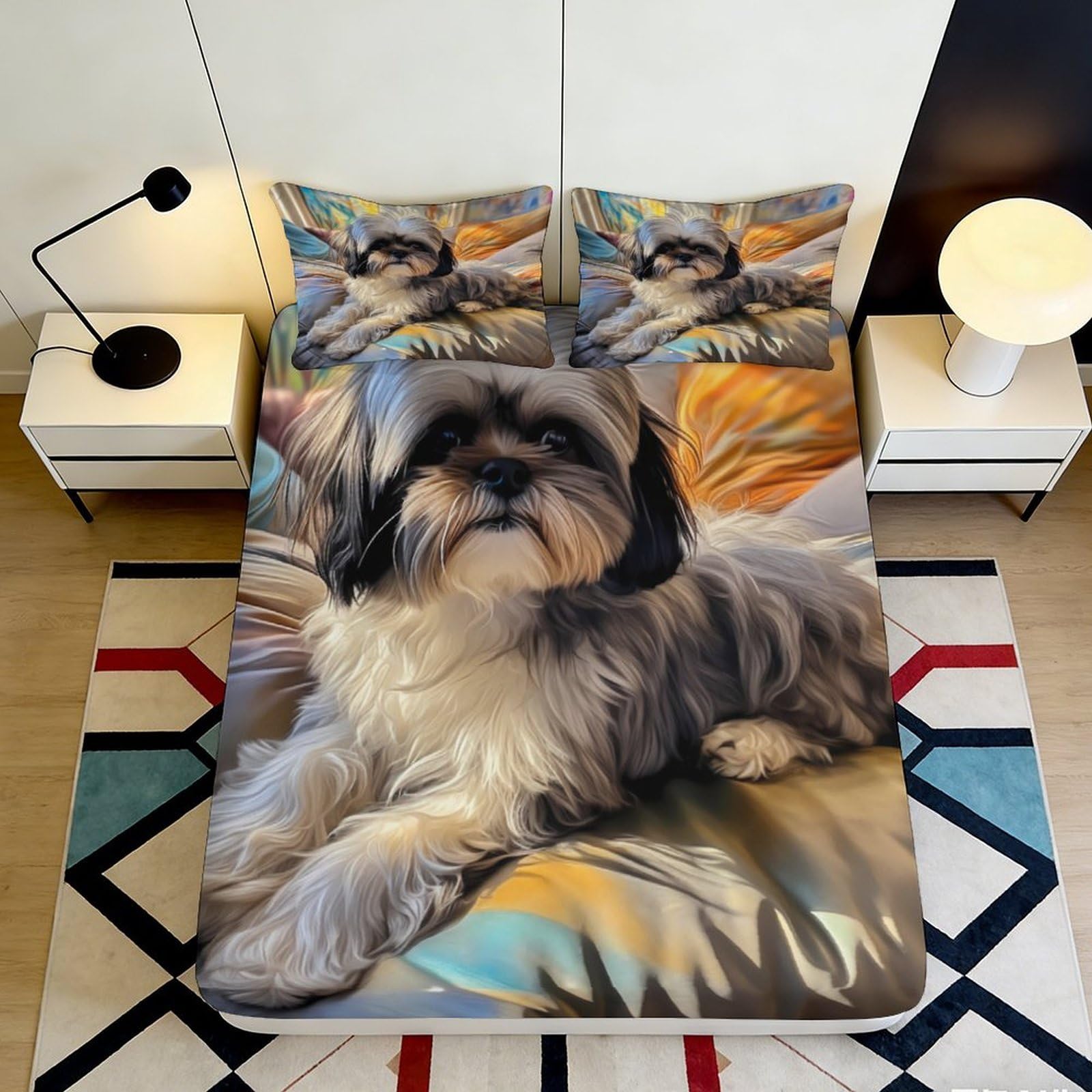 3D Printed Shih Tzu Dog Fitted Sheet Microfiber Soft Breathable Art Bed Cover for Bedroom Guest Room Decor 90x200x25cm