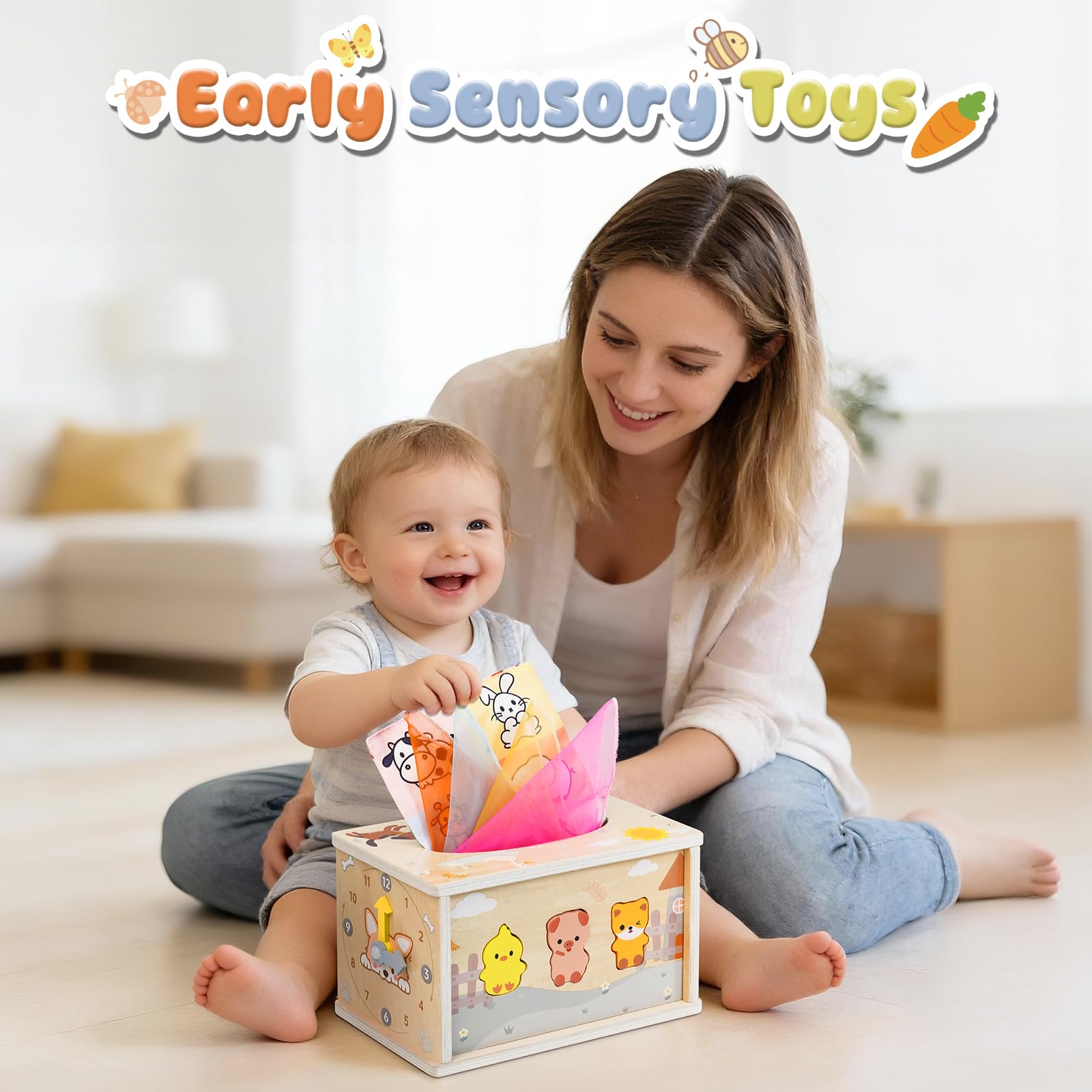 Montessori Spielzeug ab 1 Jahr，6-IN-1 Tücherbox Baby Spielzeug ab 6 Monate, Steckspiel Motorikspielzeug ab 1 2 Jahre, Sensorik Babyspielzeug für Kinder- Geschenk 1-2 Jahr Junge Mädchen