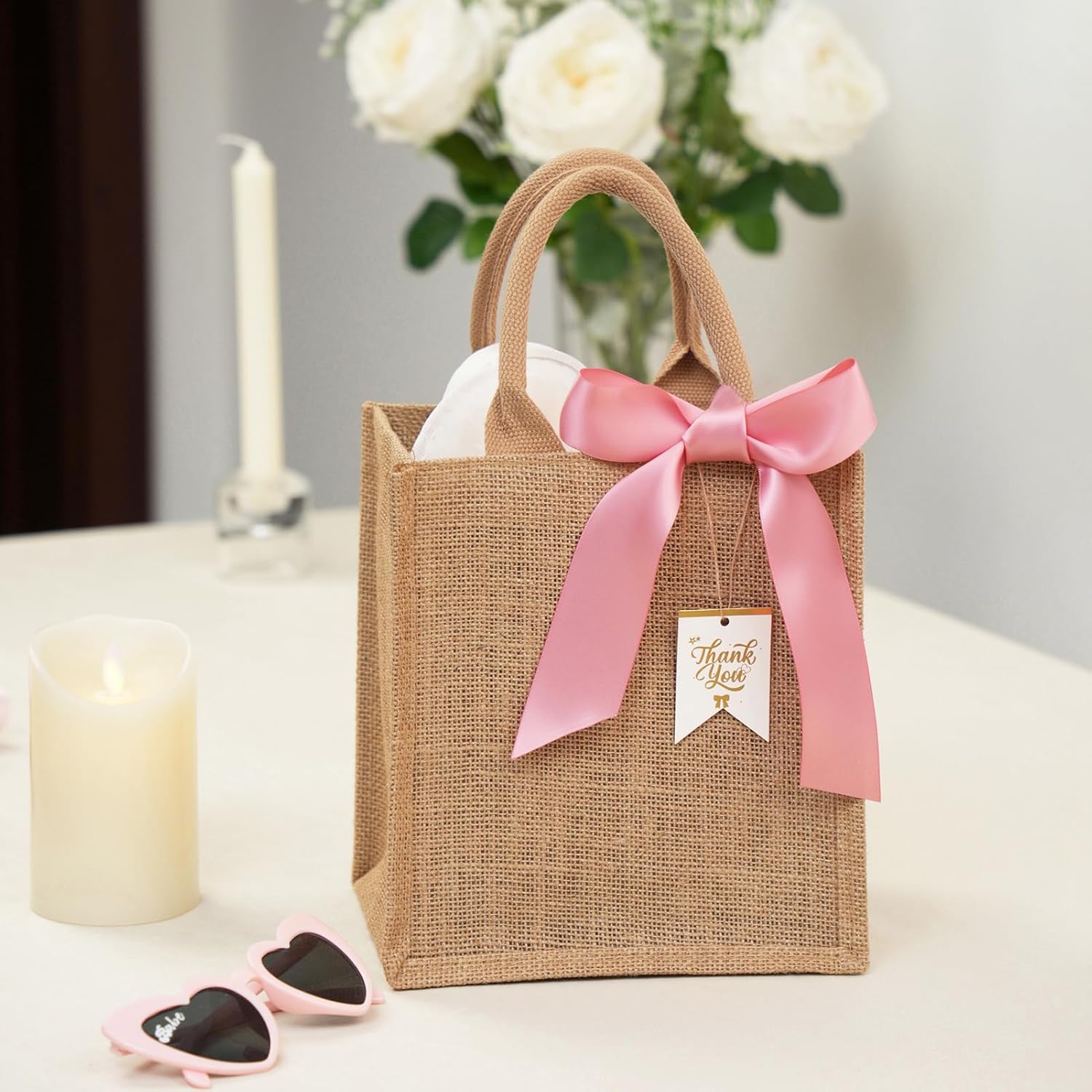 10 Pack Bridesmaid Bachelorette Gift Bags，Bulk Small Burlap Jute Tote for Wedding Welcome Bridal Shower with Pink Ribbon