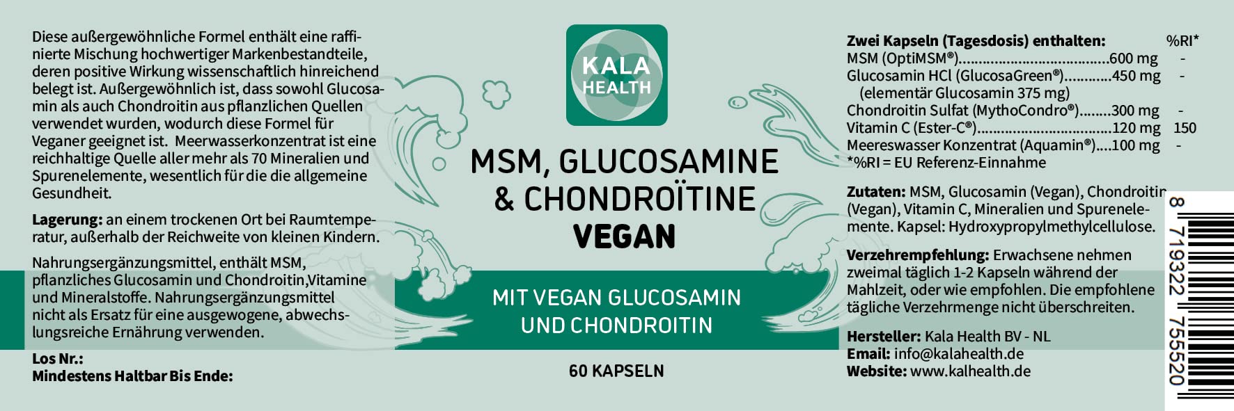 Kala Health VEGAN Glucosamin & Chondroitin + Opti MSM hochdosiert Einzigartige 100% vegane Formel mit fünf hochwertigen Markeninhaltsstoffen - einzigartige Kombination von Inhaltsstoffen für Gelenke
