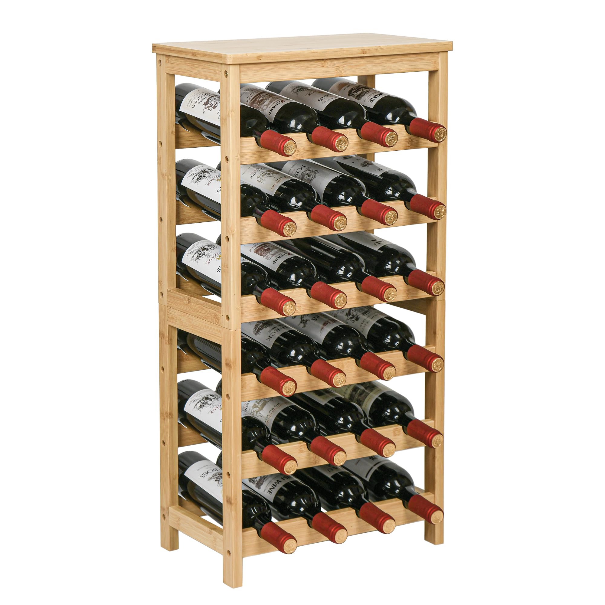 VASMIA Wine Rack Freestanding Floor, 6-Tier Display Wine Storage Shelves with Table Top, 24-Botttle Bamboo Wine Rack Shelf for Kitchen Bar Dining Room Living Room, Natural