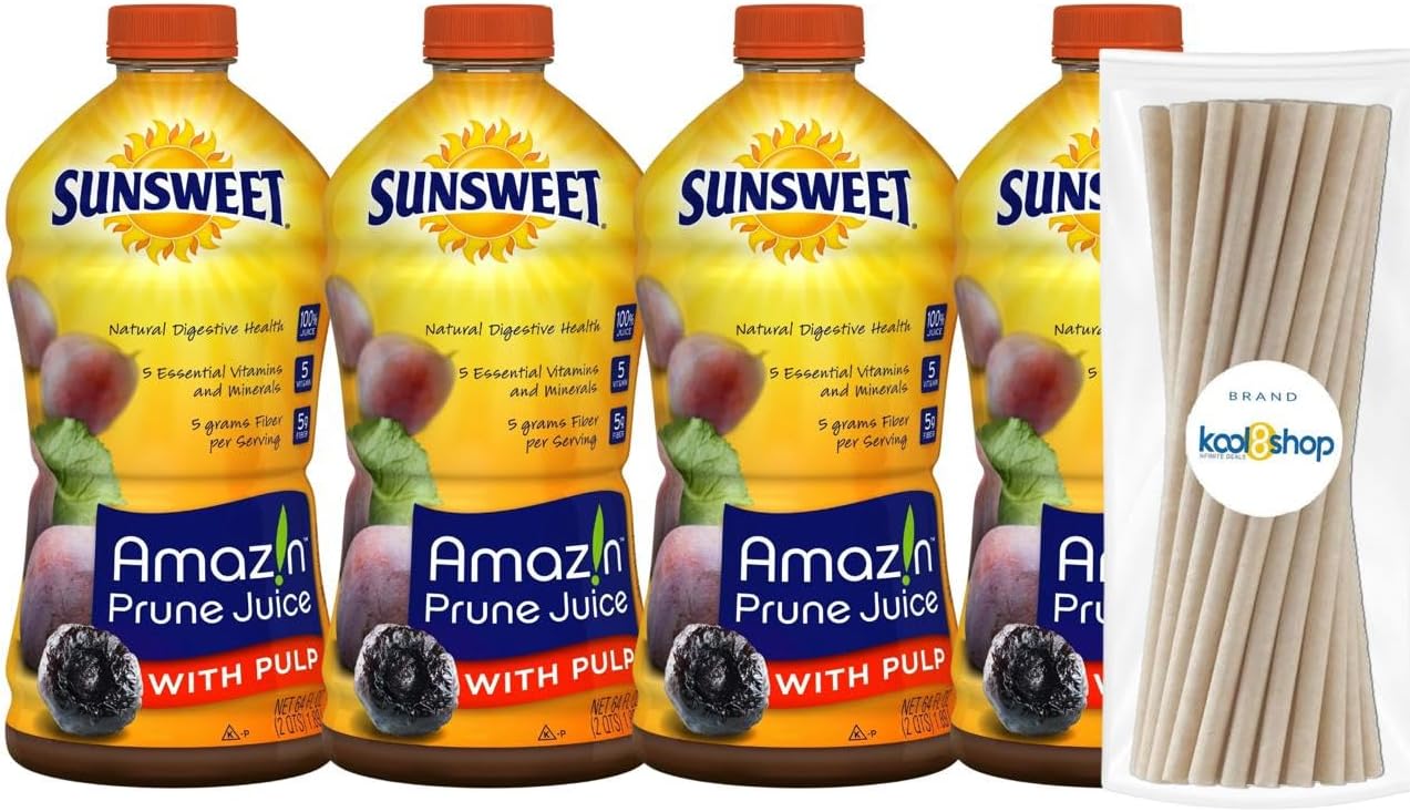 Amazin Prune with Pulp Juice 64 fl oz Plastic Bottles 4 Pack + 15 Sugarcane Disposable Straws by KOOL8SHOP Infinite Deals