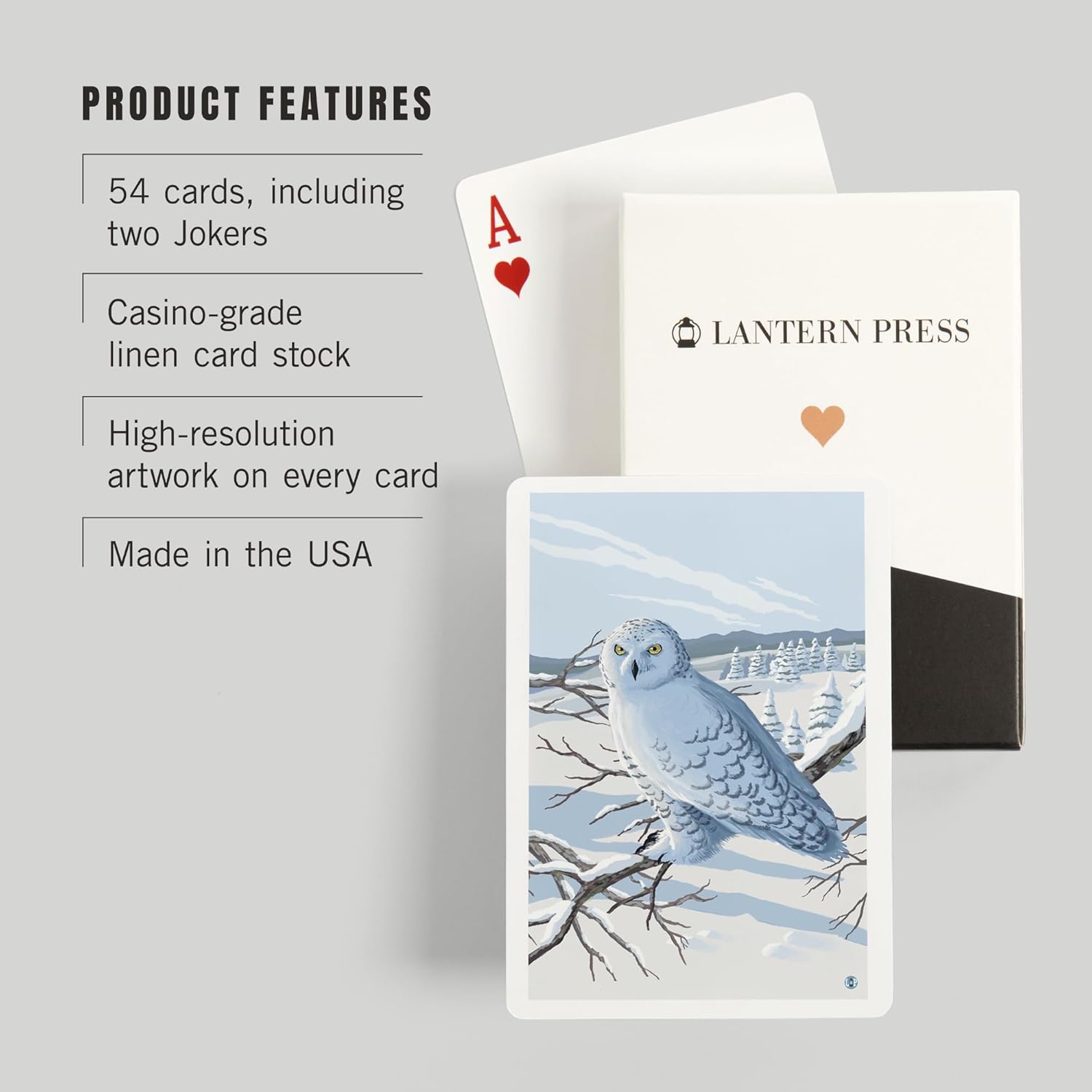 Lantern Press Snowy Owl, 52 Playing Cards for Adults, Poker Size Card Deck