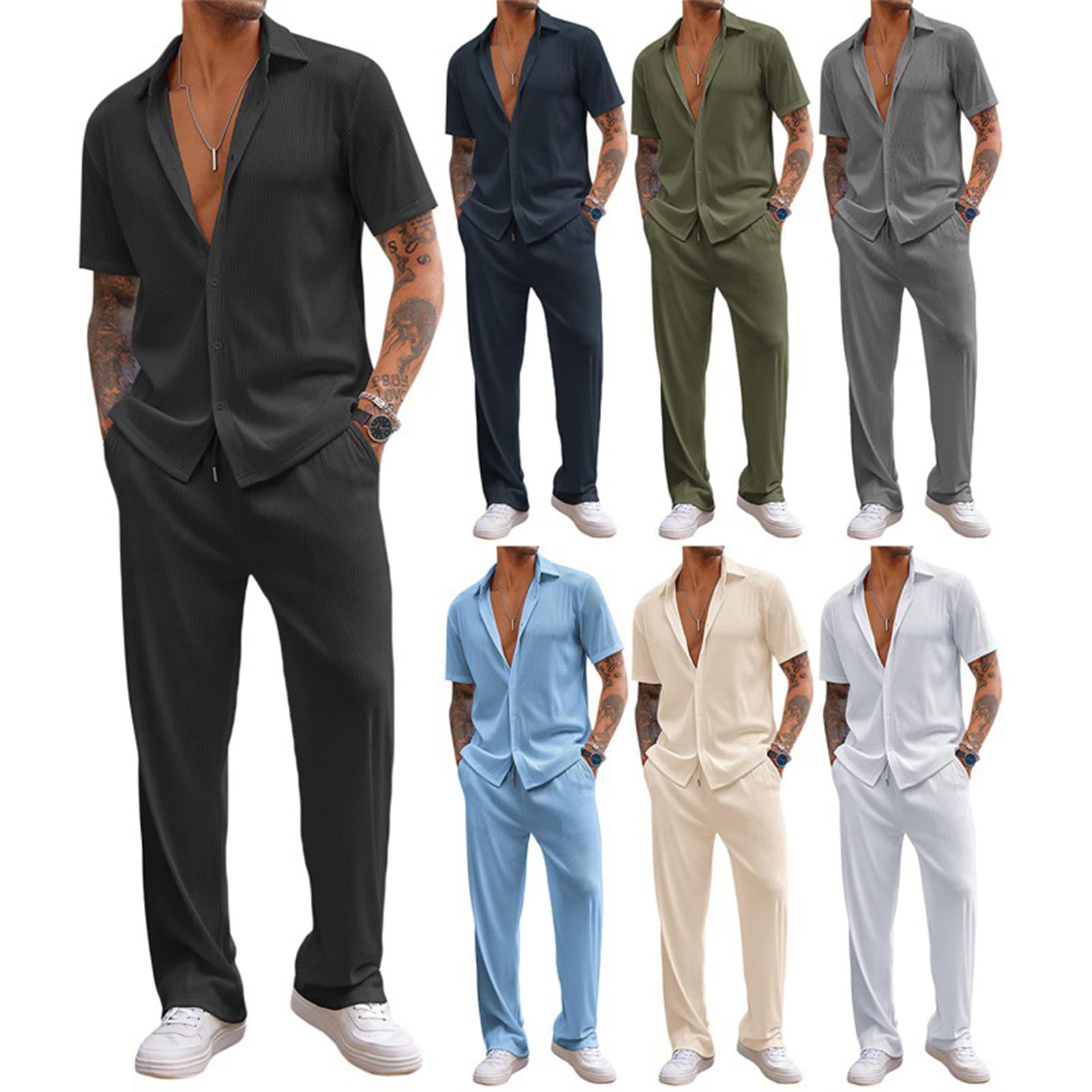 Uomo 2 Pezzi Completi Camicia e Pantaloni Abbigliamento Estivo Casual (Più Grande dello Standard)