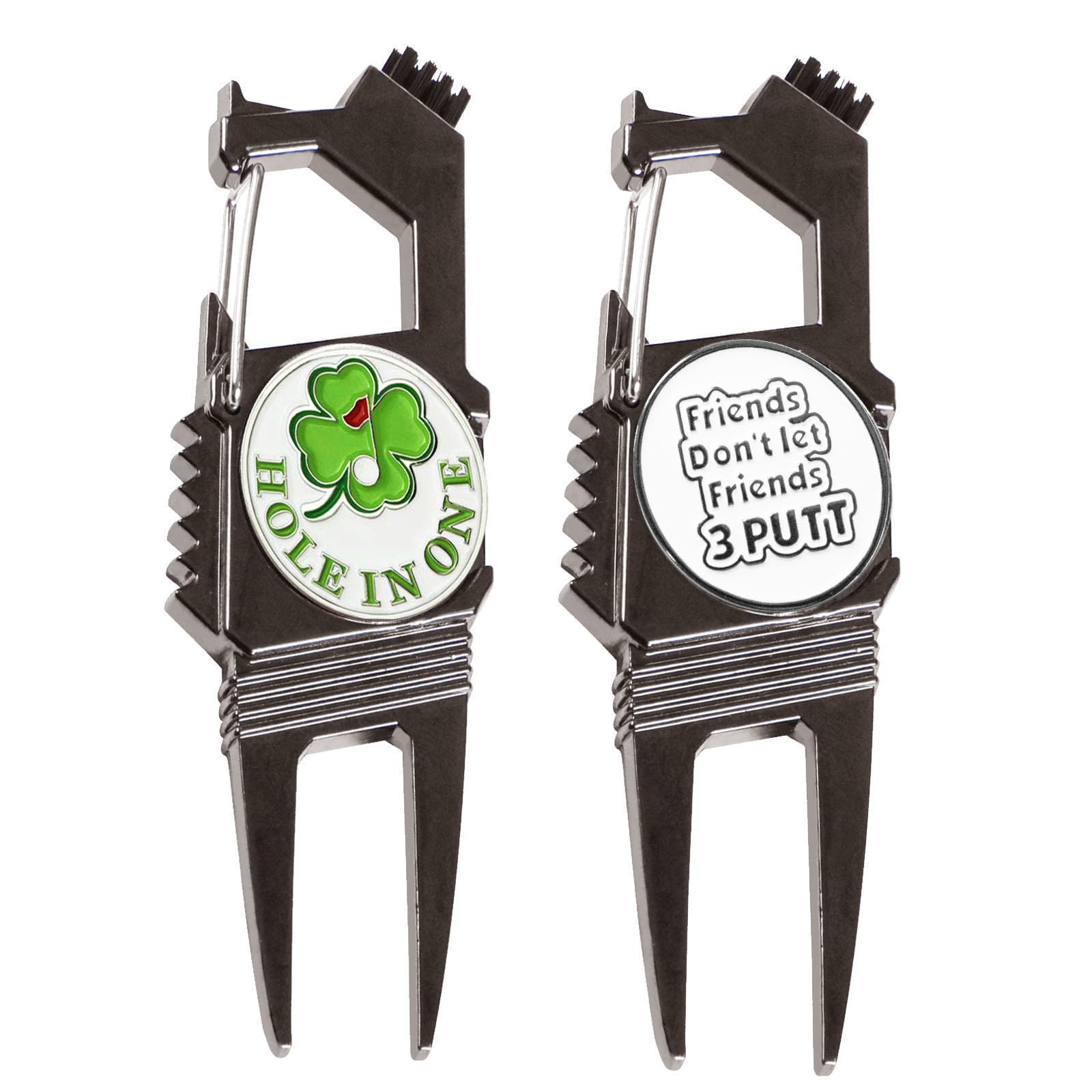 AXKAL Golf Divot Tool& Ball Marker 7-in-1 Function - Bottle Opener Groove Cleaner Clean Brush and Belt Clip 2 Pack, Portable & Useful Designed to Be the Ultimate Tool for the Green (Style C, Black)