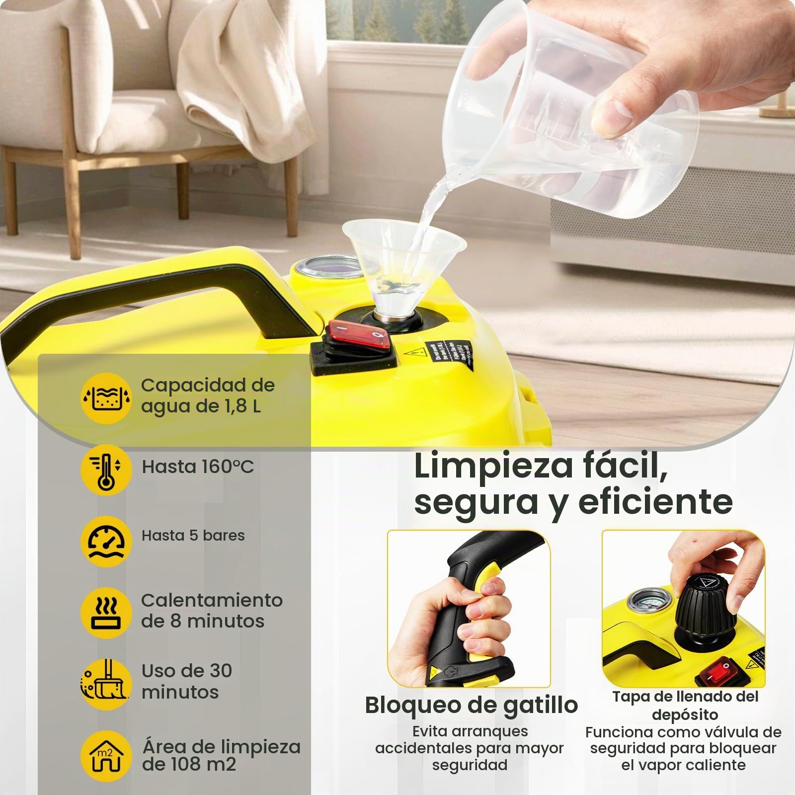 SOARS limpiador a Vapor con 13 Accesorios, Limpiador de Vapor: 5 bar, máx. 160 ℃,Listo en 8 Min, Potente 2000W, Cobertura de Superficie: 108 m², depósito: 1,8 L, Tiempo de Vapor aprox. 30 Min