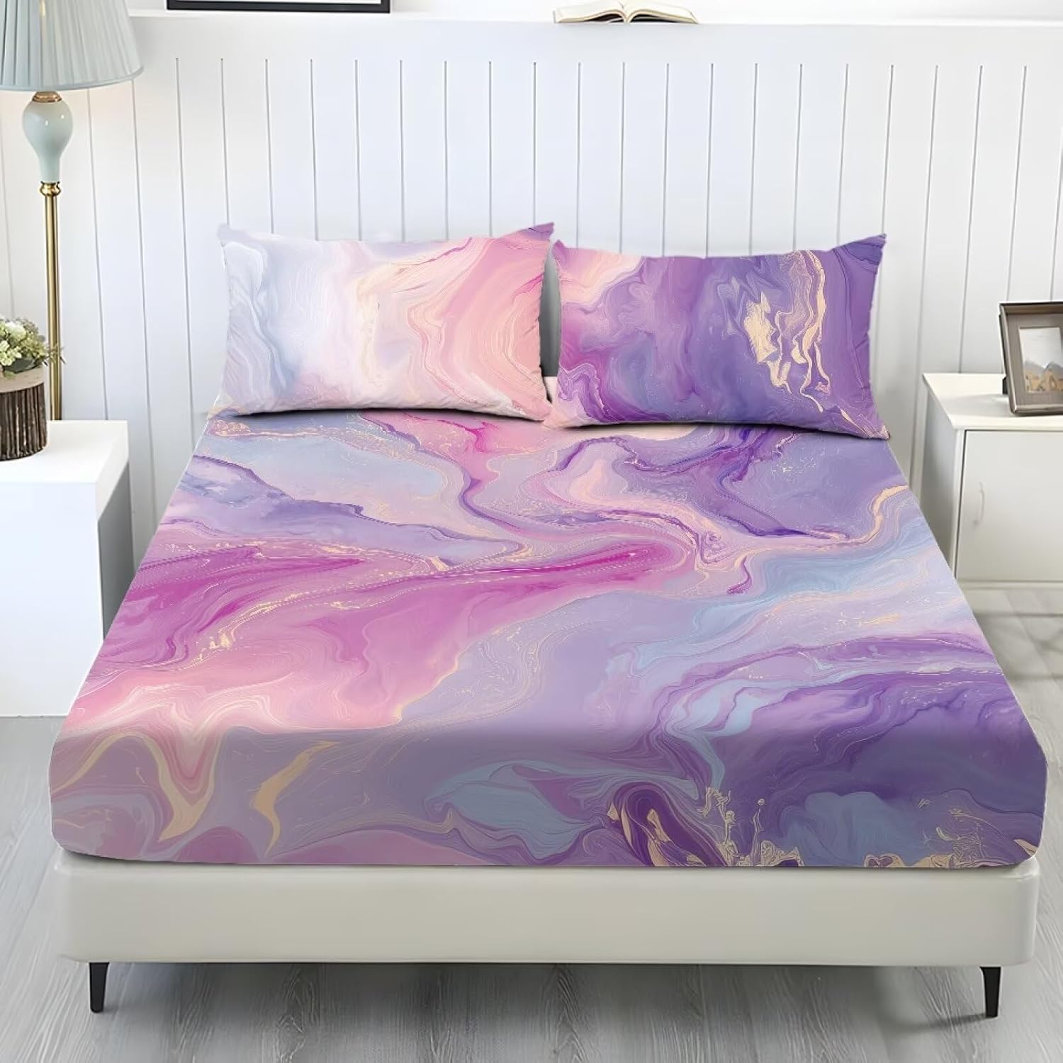 Wanyint Sheet Twin Size Soft Breathable Fitted Sheet with 2 Pillowcases, Wrinkle Free Fade Resistant Easy Care Bedsheet for for Twin Size Bed, Marble Pink Purple