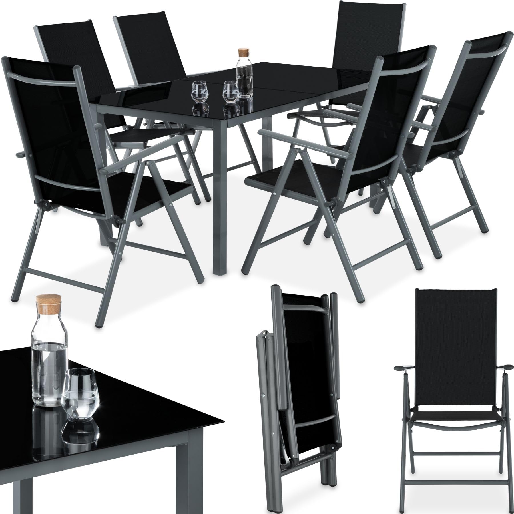 TecTake® Conjunto Muebles Jardín Exterior 7 Piezas, Mesa y Sillas Terraza con Estructura de Aluminio, Sillas Plegables y Reclinables, Impermeables, Vidrio de Seguridad, Tela Transpirable - Antracita