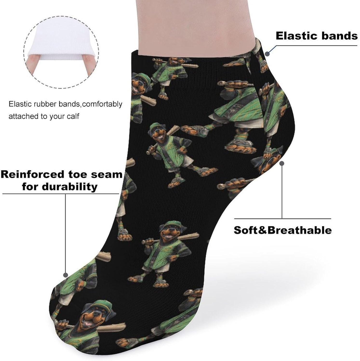Rottweiler Dog Baseball Bat No Show Ankle Socks Low Cut Non Slip Flat Boat Line 5 Pairs Set