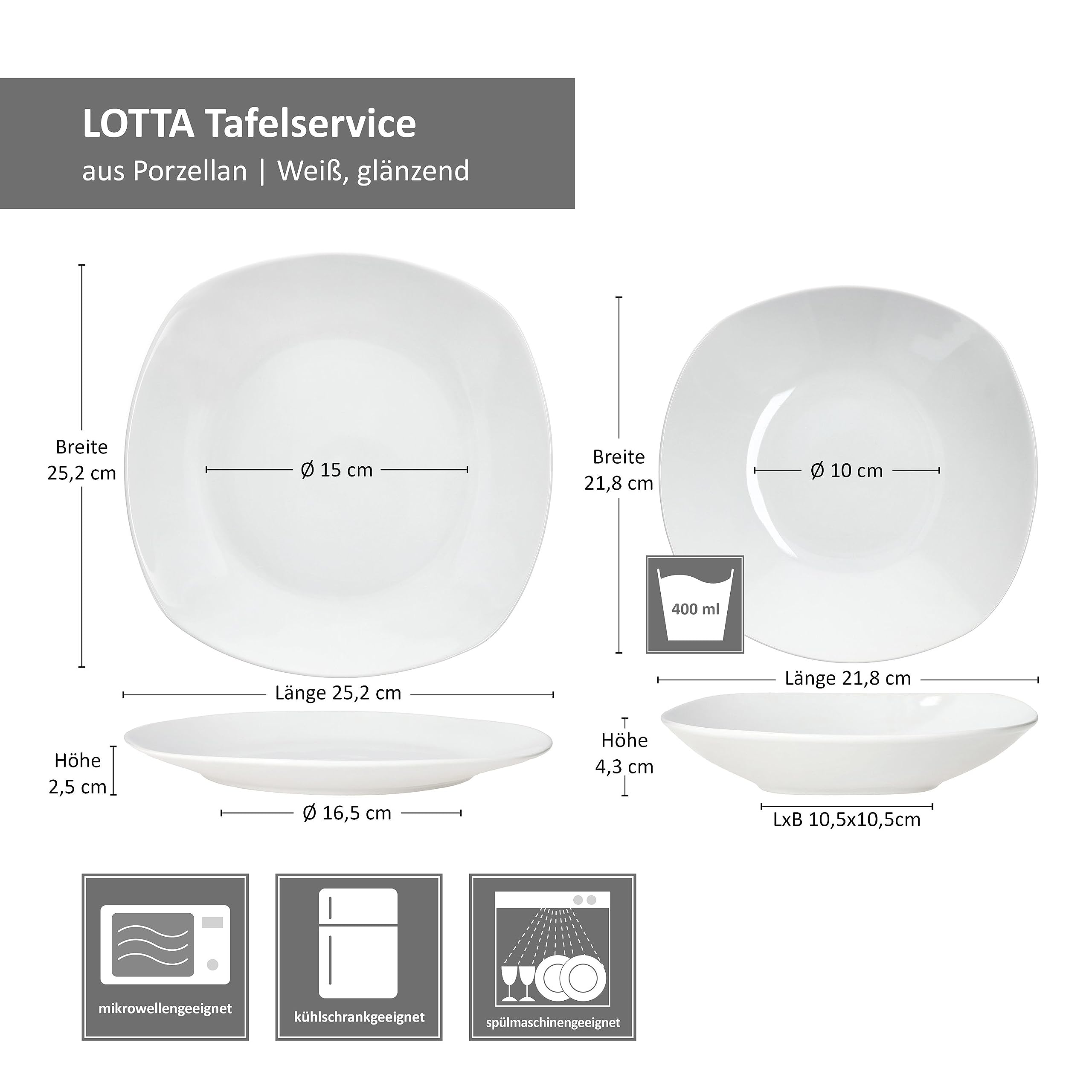MamboCat Lotta 12-częściowy serwis stołowy, białe porcelanowe naczynia dla 6 osób, 6 talerzy do zupy i 6 talerzy obiadowych, talerze obiadowe i głębokie talerze do sałatek i makaronów, talerze na