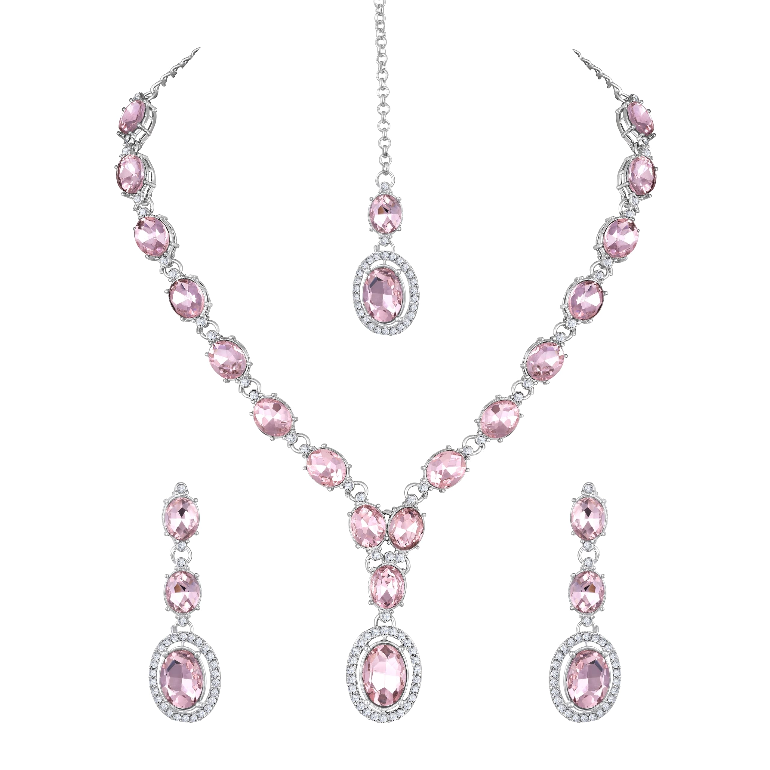 Silver Plated Kundan Style Crystal Necklace Earrings Maang Tika Set for Women – Party & Wedding-image-44