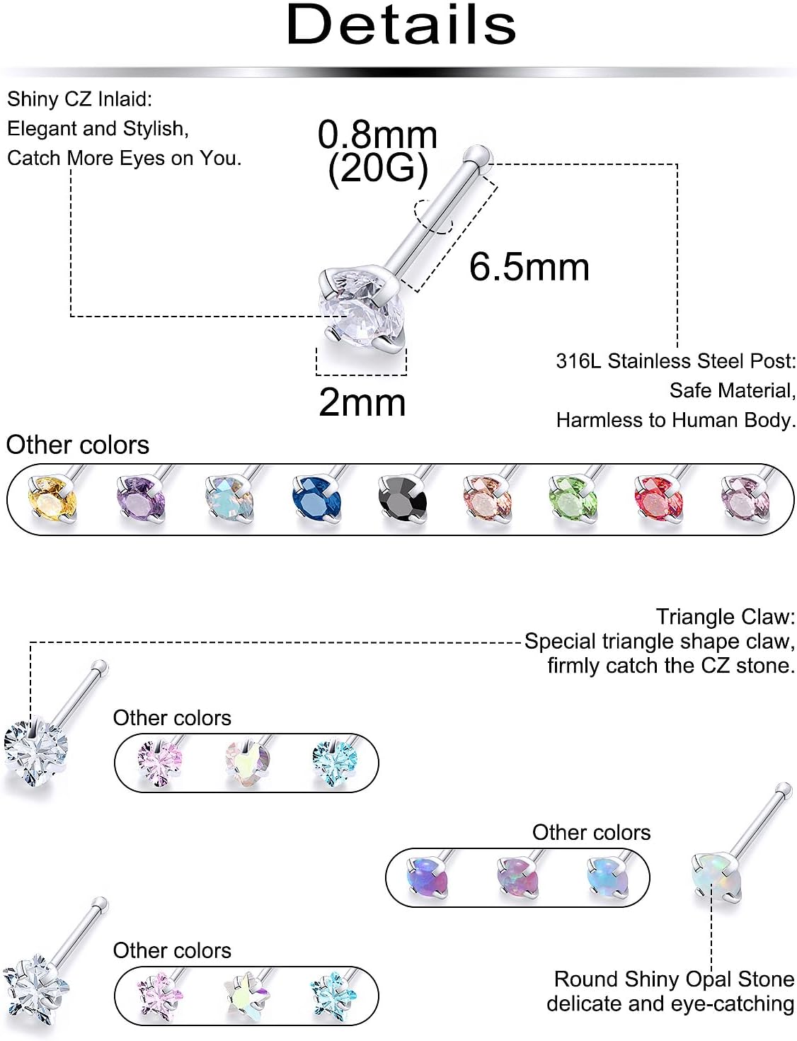 20/18g Nose Rings Studs Straight/L/Corkscrew Shape Bars Piercings Jewelry for Women Hypoallergenic Surgical Stainless Steel - Image 2