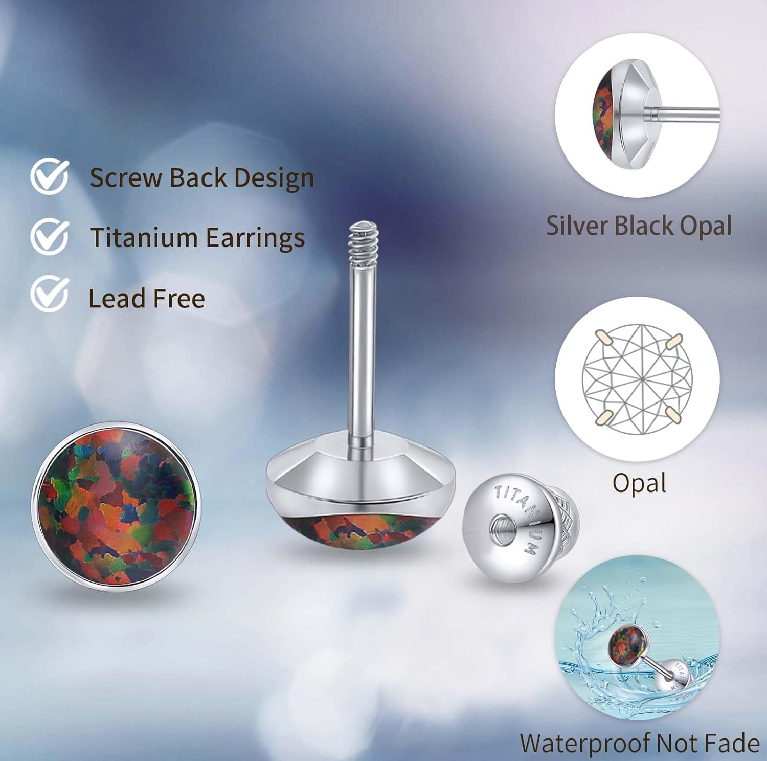 Limerencia Titanium Earrings, White/Blue/Black Opal Stud Earrings, F136 Implant Grade|Suitable for Sensitive Ears of Both Men and Women - Image 2