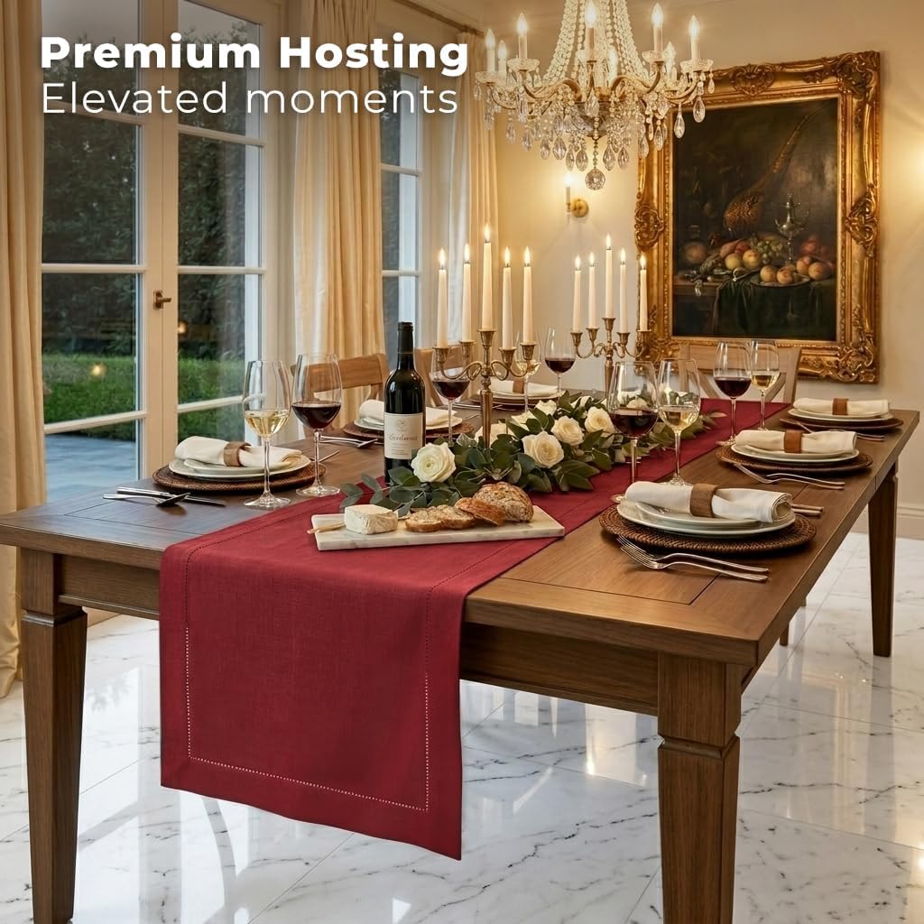 D'Moksha Homes Linen Table Runner 14 x 90 Inch - 100% Pure Linen Classic Hemstitch Red Table Runner - Machine Washable Farmhouse Table Runner for Christmas Decor, New Year