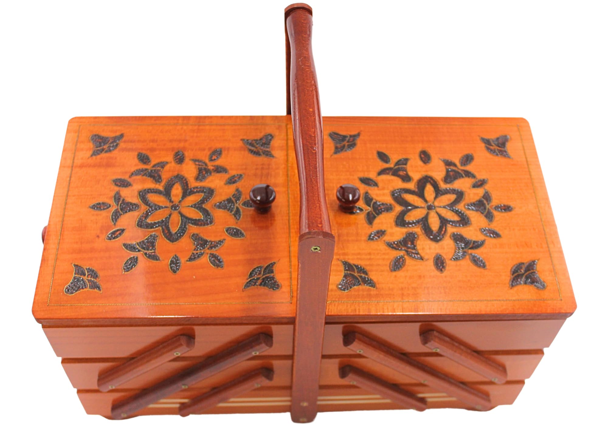 Wysokiej jakości skrzynka na szycie, skrzynka na przybory do szycia z drewna fornirowanego z 7 przegródkami w kolorze mahoniowym, dł./szer./wys. 42 x 20 x 21 cm