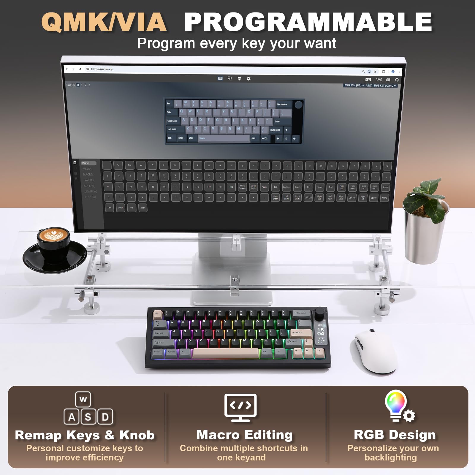 YUNZII IF68 Teclado Mecánico Gaming Inalámbrico QMK/Via (Negro, Milk V2) | 65% Pantalla TFT con Perilla, Bluetooth/2.4G/USB-C, Hot Swap, PBT, Retroiluminación RGB, US ANSI, para Mac/Win