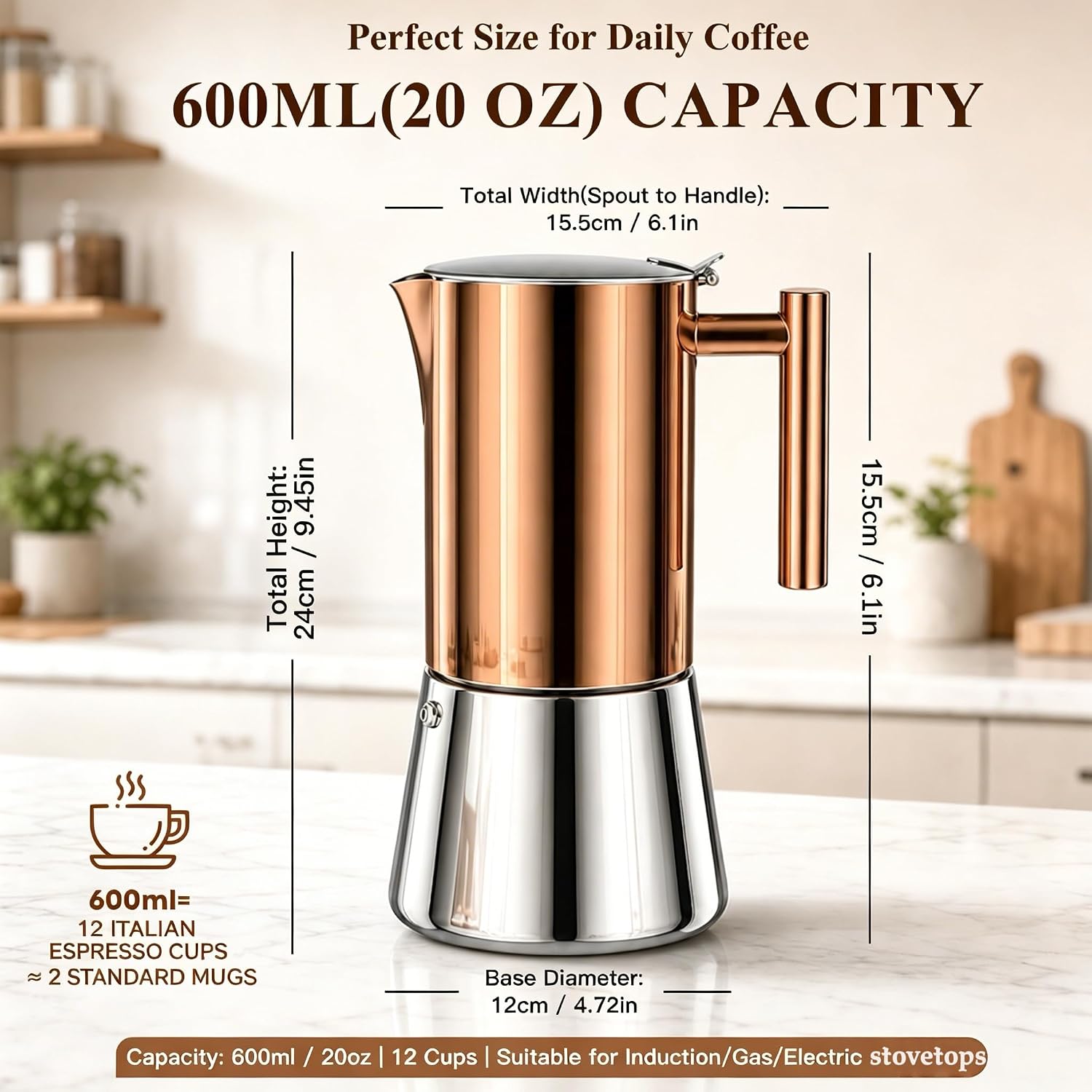 Steel Moka Pot, 12 Cup Stovetop Espresso Brewer, 600ml Rose Gold | Fits all stovetops; conductive 430 base avoids burnt grounds; food-safe 304 aluminum-free PVD finish; home & camp use