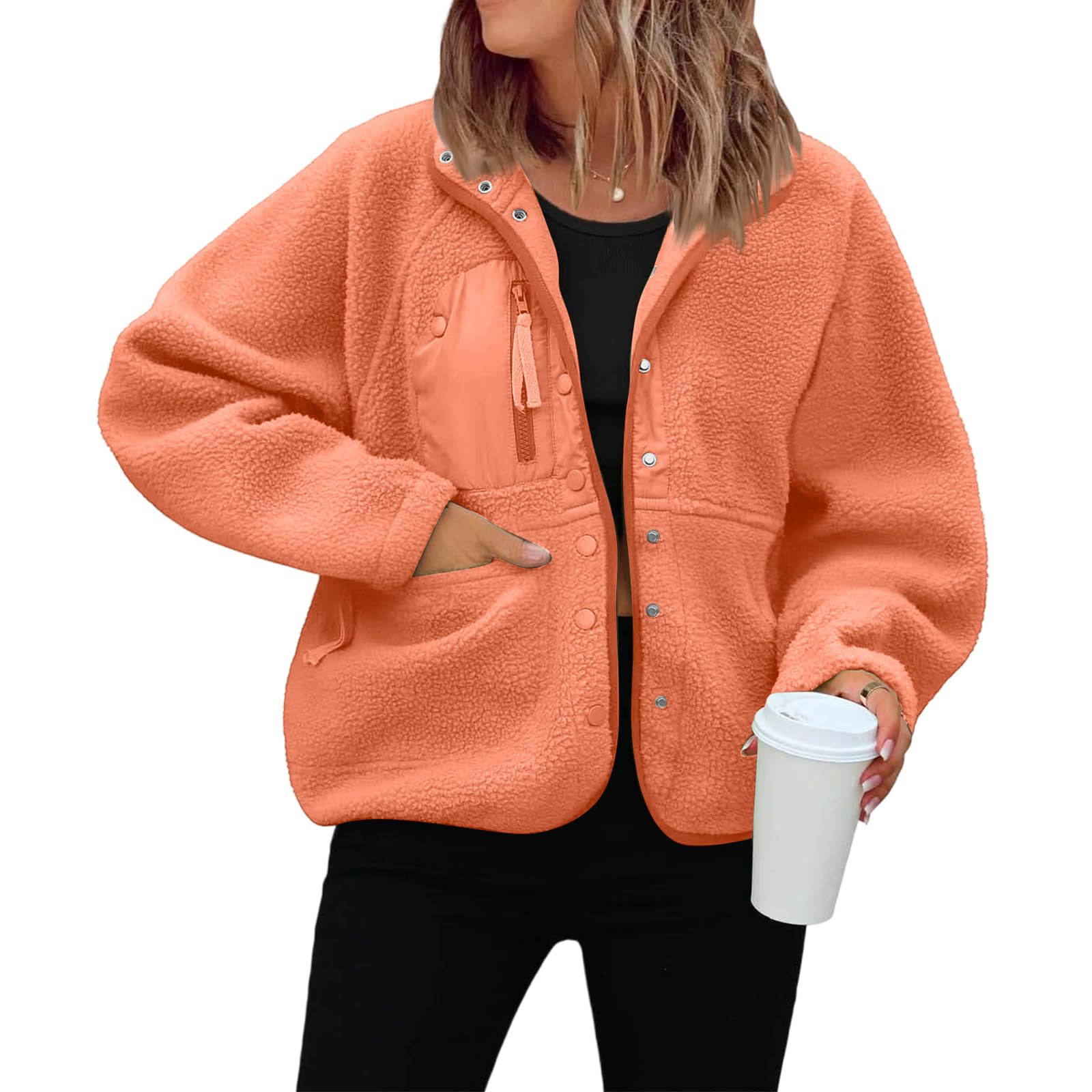 Générique Veste Polaire Femme Hiver Épais Manteau Teddy Boutons Chic Blouson Sherpa Chaude avec Poches Col Revers Manches Longues Outwear Épais Anti-Froid Douillet