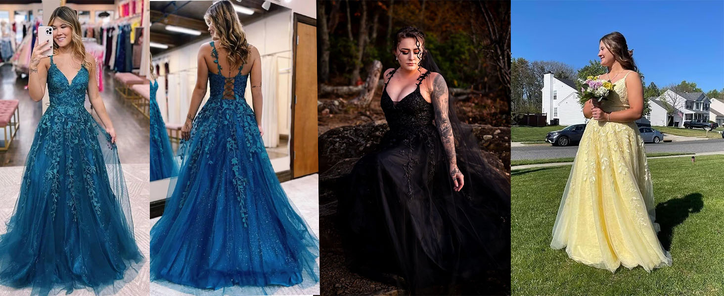 Amazon.com: YMSHA Aqua Prom Dresses Long Spaghetti Straps V Neck