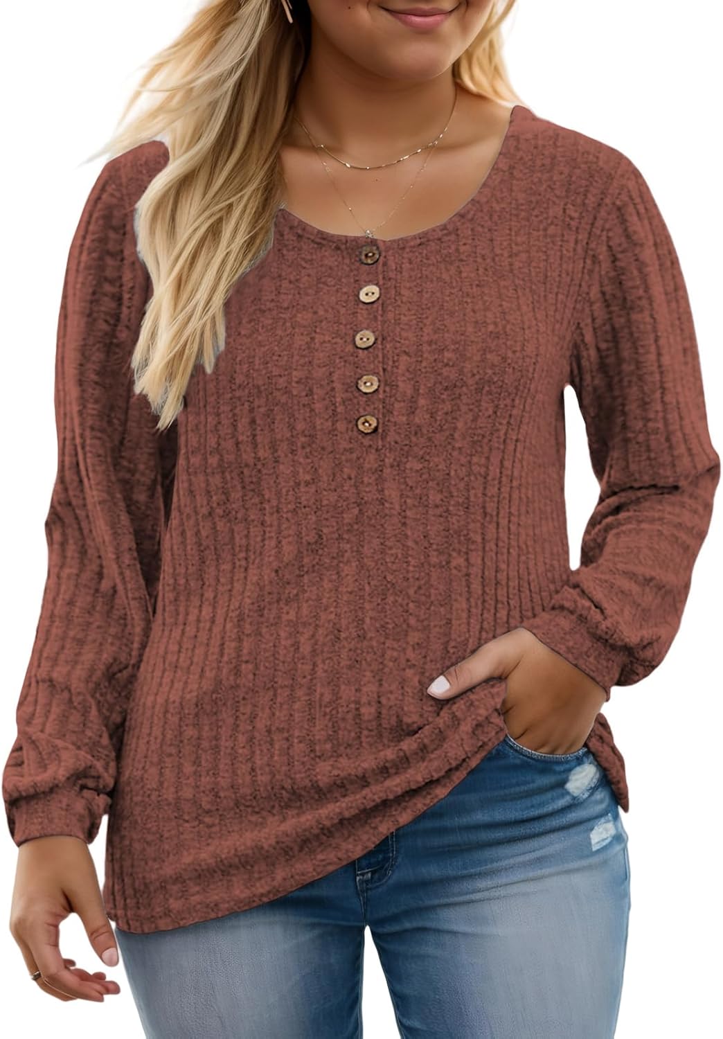 ROSRISS Womens-Plus-Size-Tops Trendy Long Sleeve Henley Shirts Casual Ribbed Knit Tunics Dressy Crewneck Pullover Sweaters - Image 2