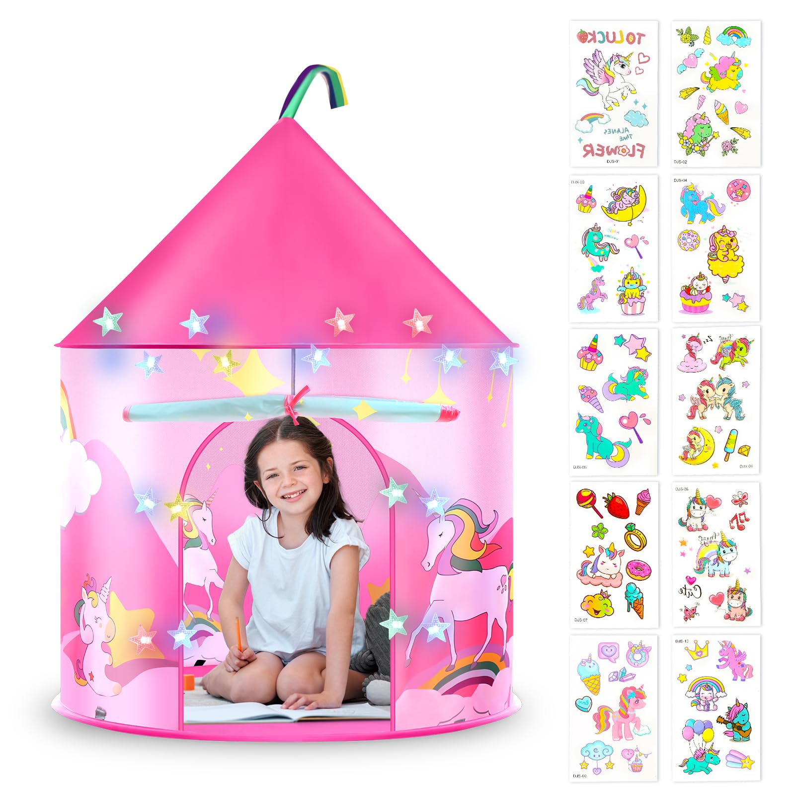 HOTUT Kinder Spielzelt, Kinderzelt Indoor Outdoor mit lichtern und Aufkleber, Pop Up Spielzelt für Kleinkinder und Kinder, Faltbar Spiel Haus für Garten Camping