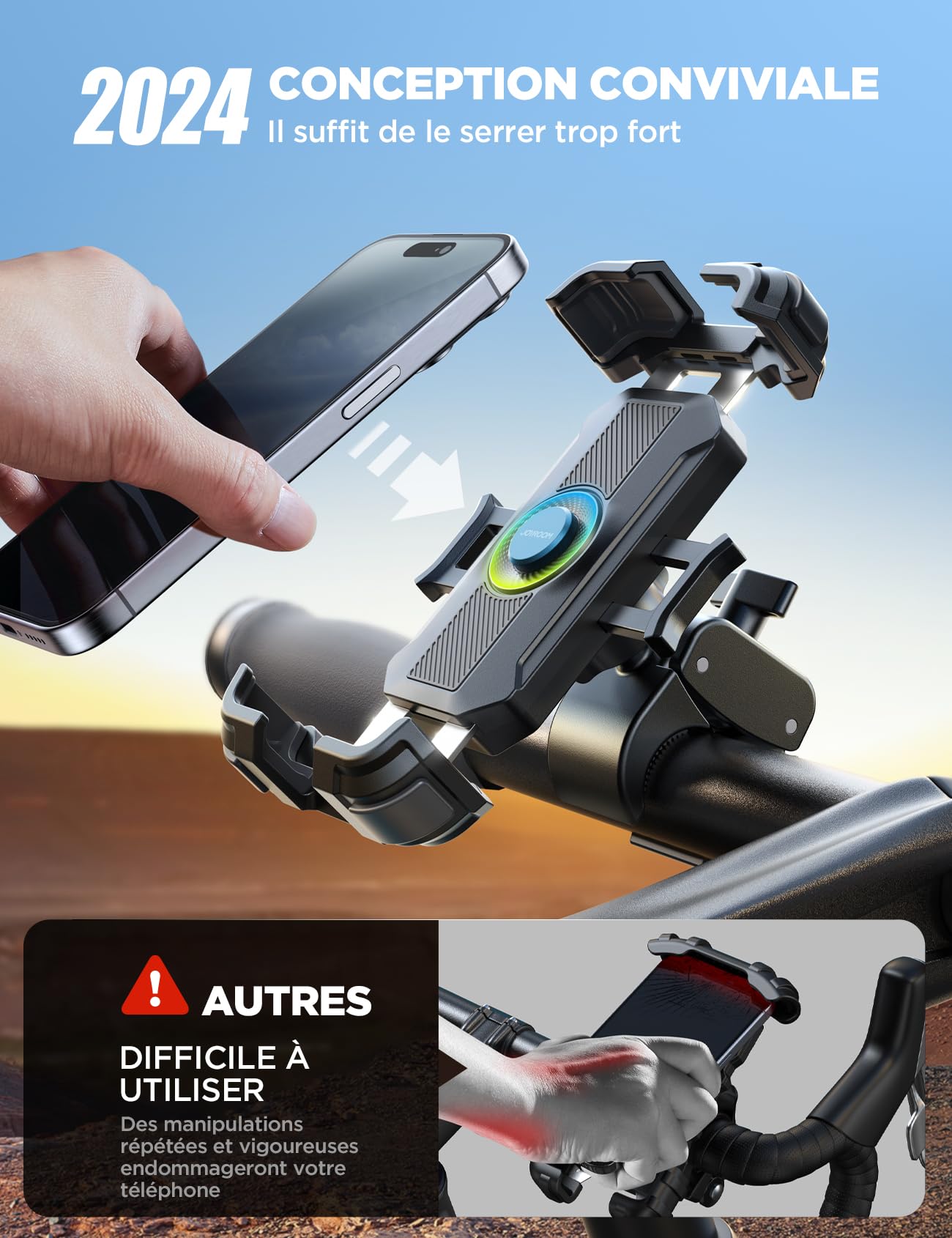JOYROOM Support Telephone Moto-[2024 Tige en Métal][[160 km/h Antichoc] Support Telephone Velo, Universel Guidon Holder pour iPhone 15 Pro Max Samsung S24 Tous Les téléphones 4.7-7"