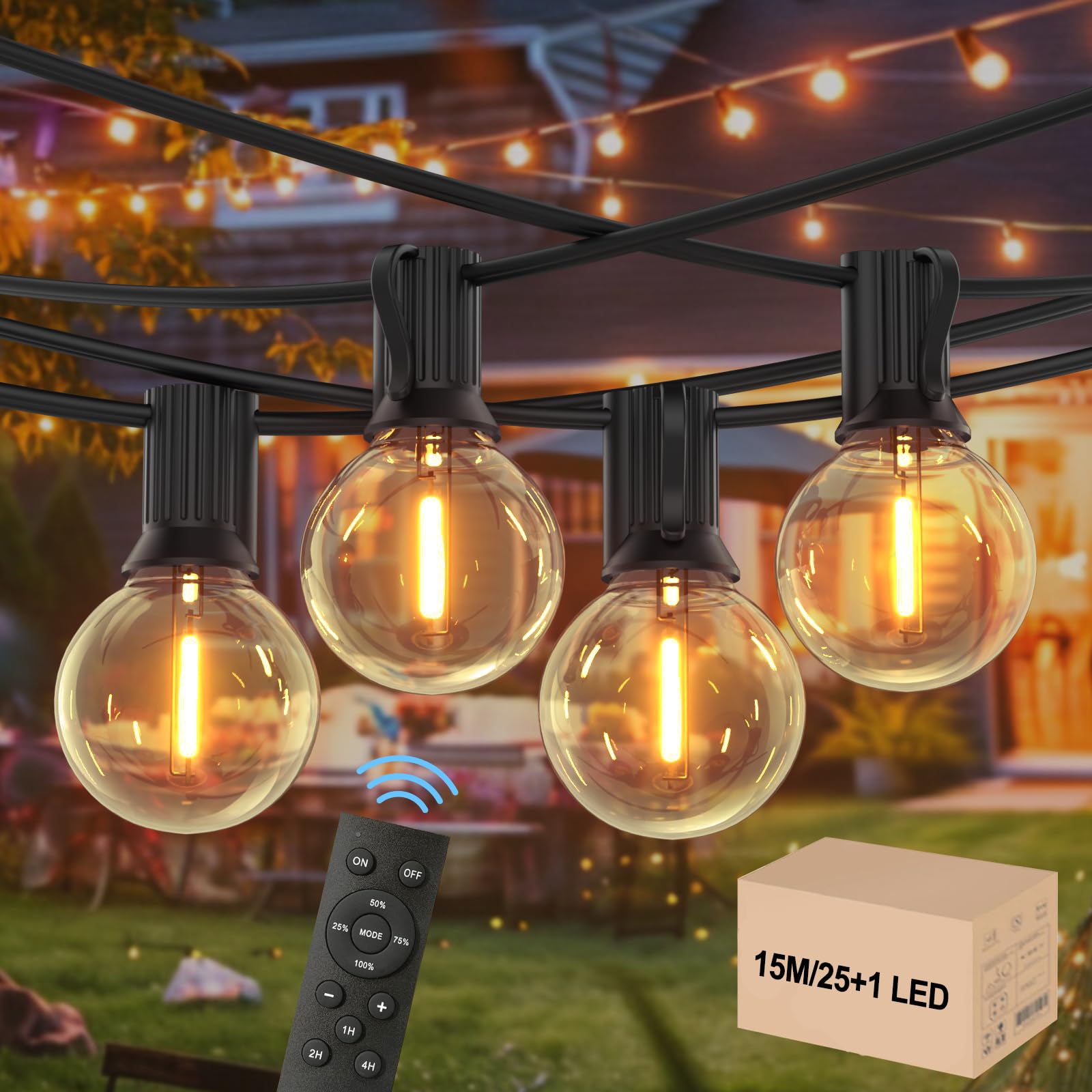 GLOBELIT 15M Lichterkette Außen - IP45 Wasserdicht mit 25+1 G40 Dimmbar Glühbirnen (Warmweiß) 2200K, Gartenbeleuchtung für Terrasse, Hochzeit, Party & Balkon Edison-Style (Fernbedienung-15M)