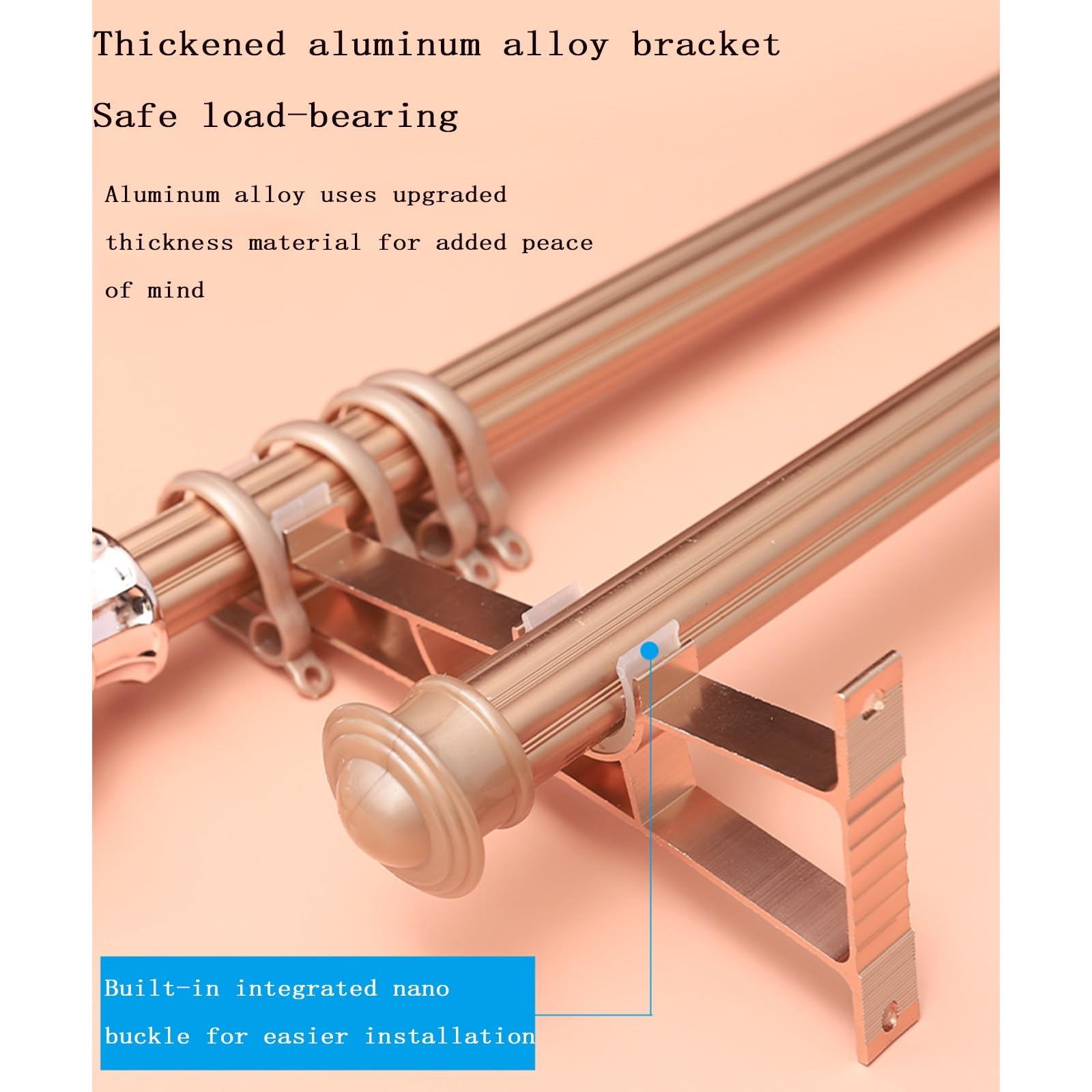 Doppelstange, verdickte Aluminiumlegierung, römische Vorhangschiene, Doppelstange, römische Vorhangschiene, leise und glatt(Rose Gold,150cm(59inch))