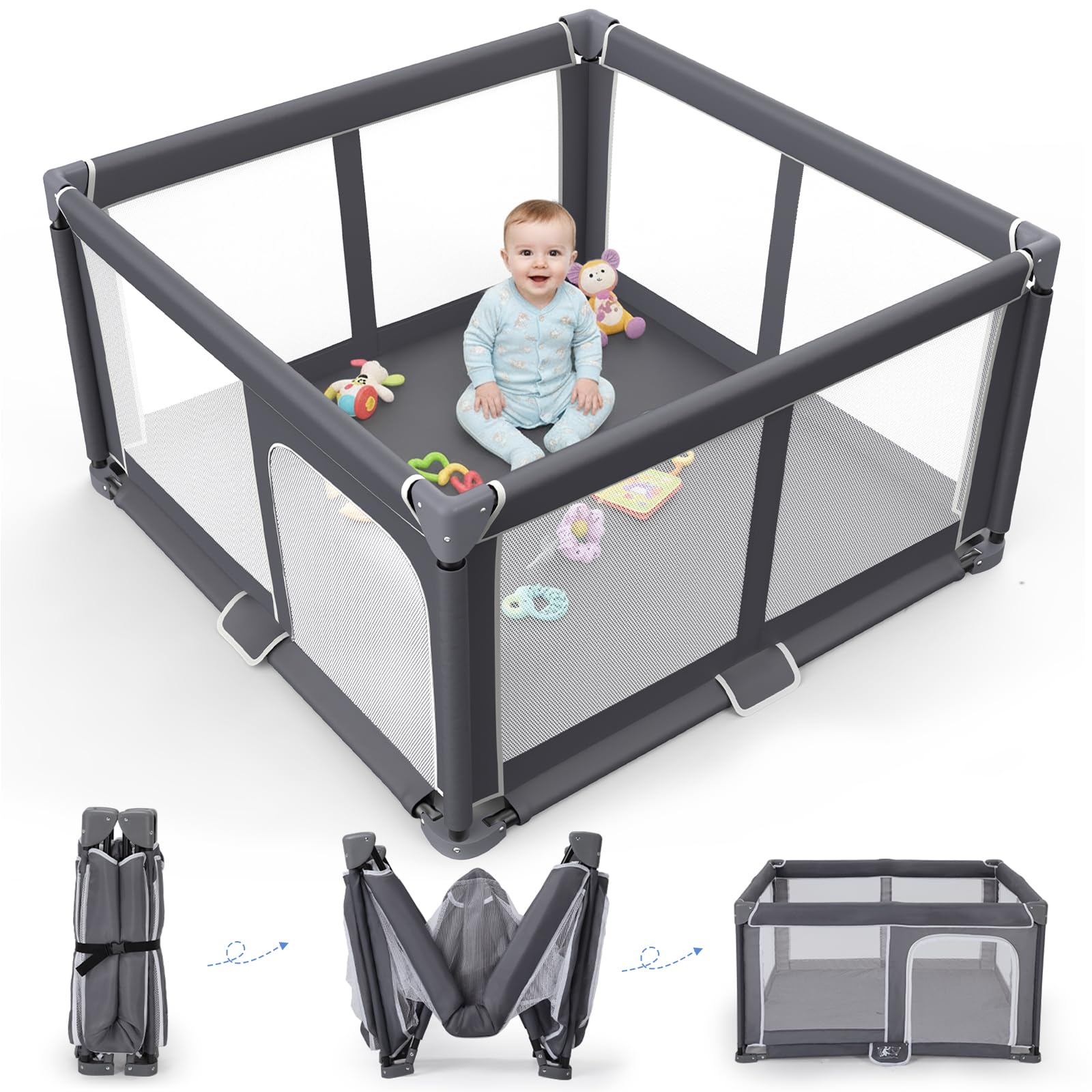 Photo 1 of Foldable Baby Playpen - 50"x50" Safety Play Yard for Babies & Toddlers - Indoor & Outdoor Use with Carry Bag - Collapsible, Portable Play Yard, Dark Gray