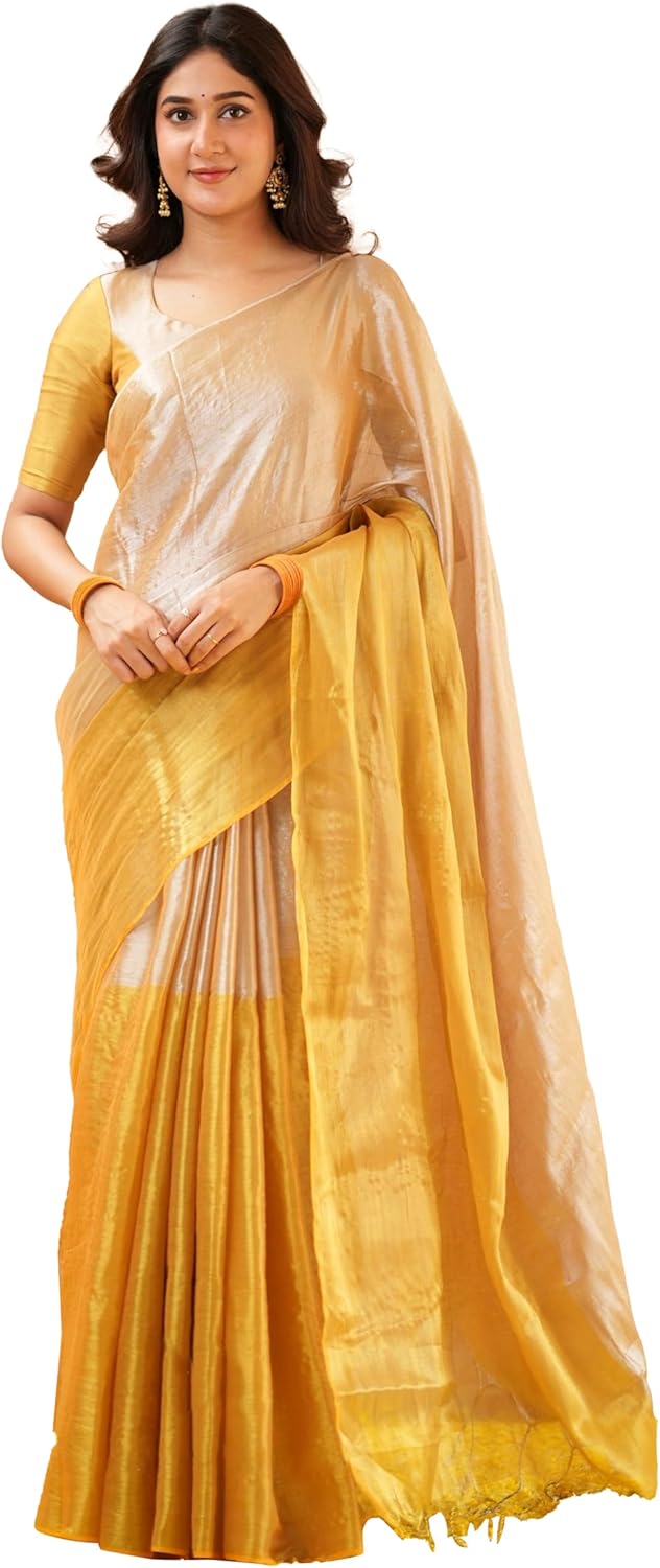 TRENDMALLS Women's Pure Tissue Cotton Handloom South Indian Style Saree with Unstitched Blouse Piece