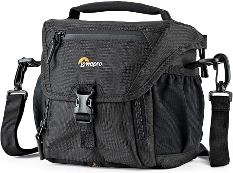 Lowepro LP37117, Nova 140AW II Camera Bag, Customizable, Portable, Fits Mirrorless with 17-85mm Attached Lens, Compact Drone, Flash, Black
