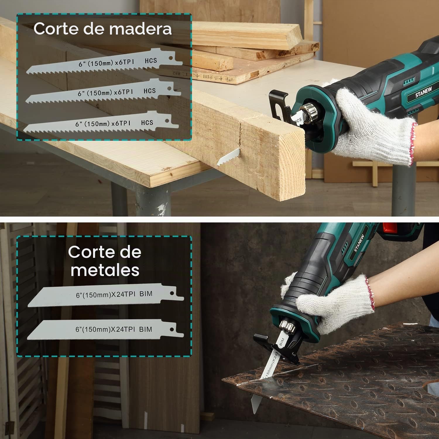 Sierra de Sable Inalámbrica, STANEW 0-3000 RPM Sierra Sable, 2 Baterías 2.0Ah de Iones de litio y Cargador,con 5 Cuchillas, Corta Madera, Metal, Plástic, Ramas