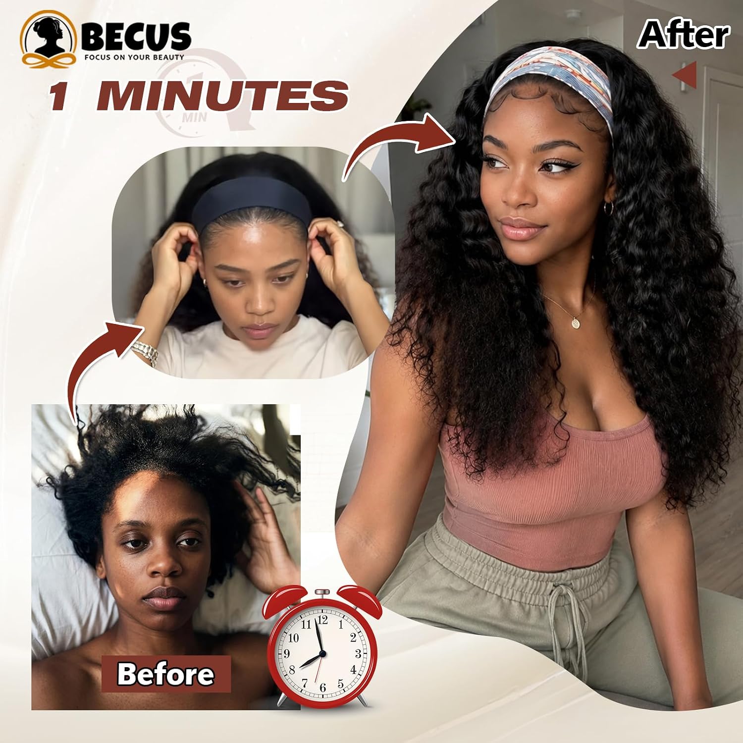 BECUS 20" Curly Headband Wig Black Work Office Style image 2