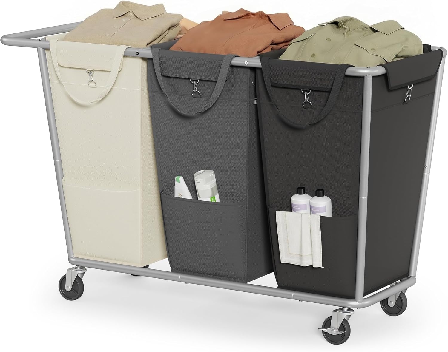 SONGMICS Laundry Basket with Wheels, 2-Section Laundry Sorter, 50.2 Gallons (190 L) Rolling Hamper with Removable Bags, Heavy-Duty Steel Frame, Cream White and Dark Gray URLS009X01