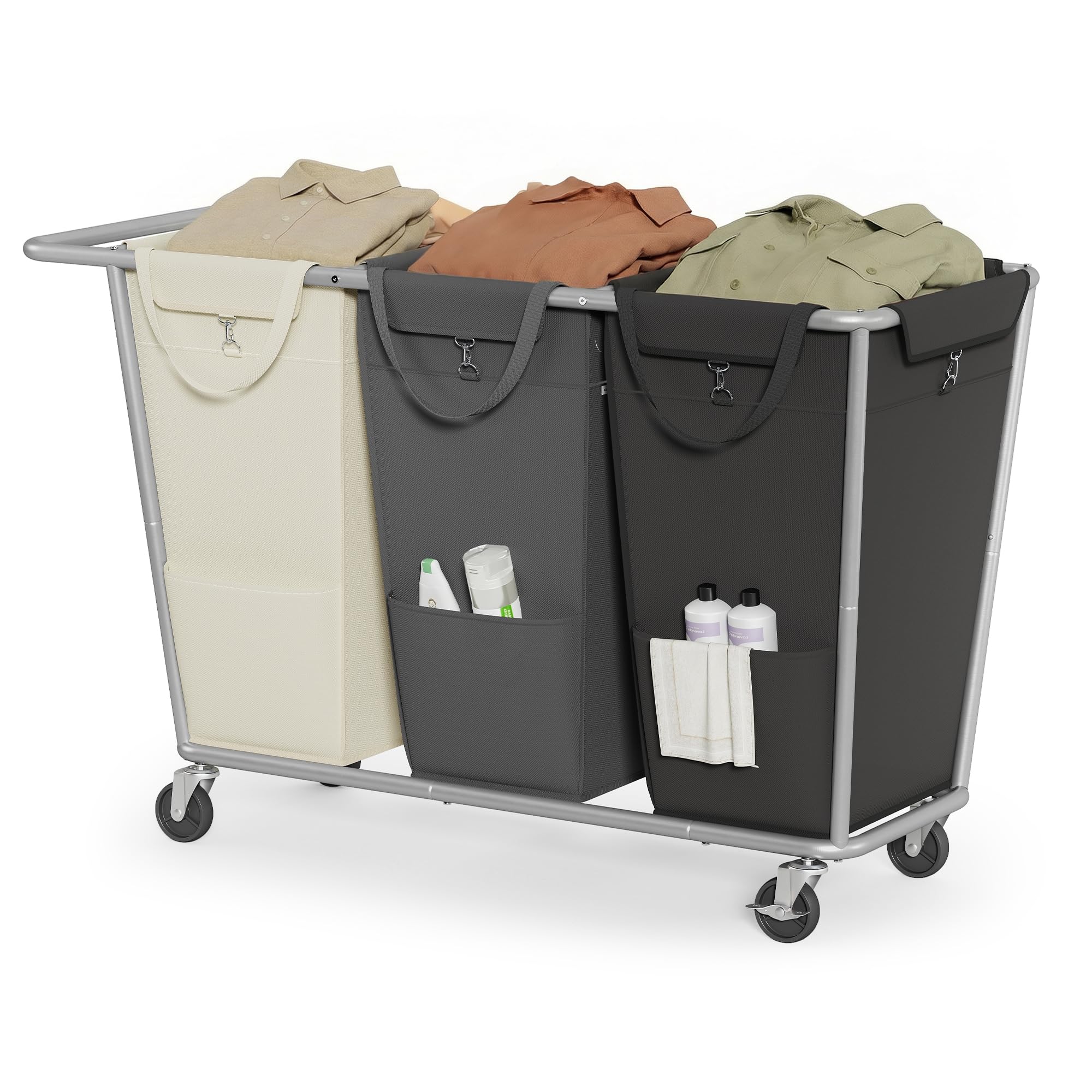 SONGMICS URLS010X01 Wäschekorb mit Rollen, 290 l, 3-teiliger Roll-Wäschekorb mit abnehmbaren Taschen, robuster Stahlrahmen mit Griff, Cremeweiß, Dunkelgrau und Tintenschwarz