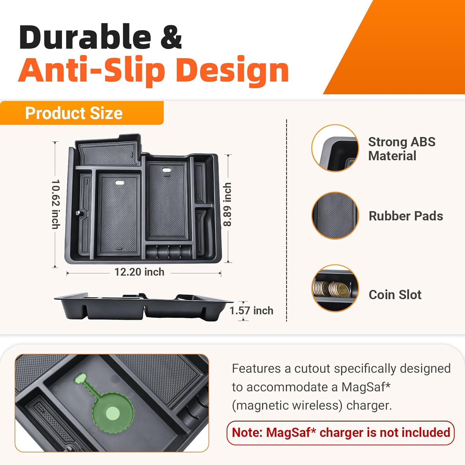 Center Console Organizer for 2013-2024 Dodge Ram 1500 Classic & 2013-2026 Ram 2500 3500, Armrest Storage Tray Insert Divider with Non-Slip Rubber, Fits Jump Seat with 3 Cup Holders Only