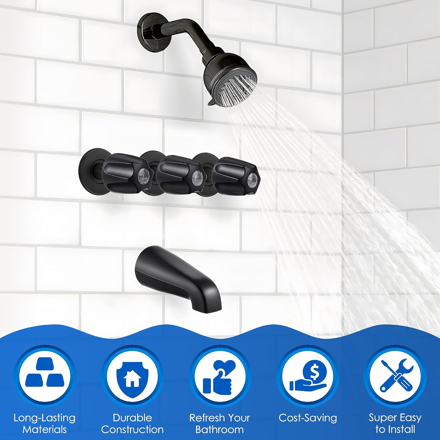 Enhon Bathtub and Shower 3 Handle Remodel Trim Kit Compatible with Pfister Verve Tub Shower, Faucet Knob Replacement Include 1 Hot 1 Cold 1 Diverter and 3 Flanges (Matte Black)