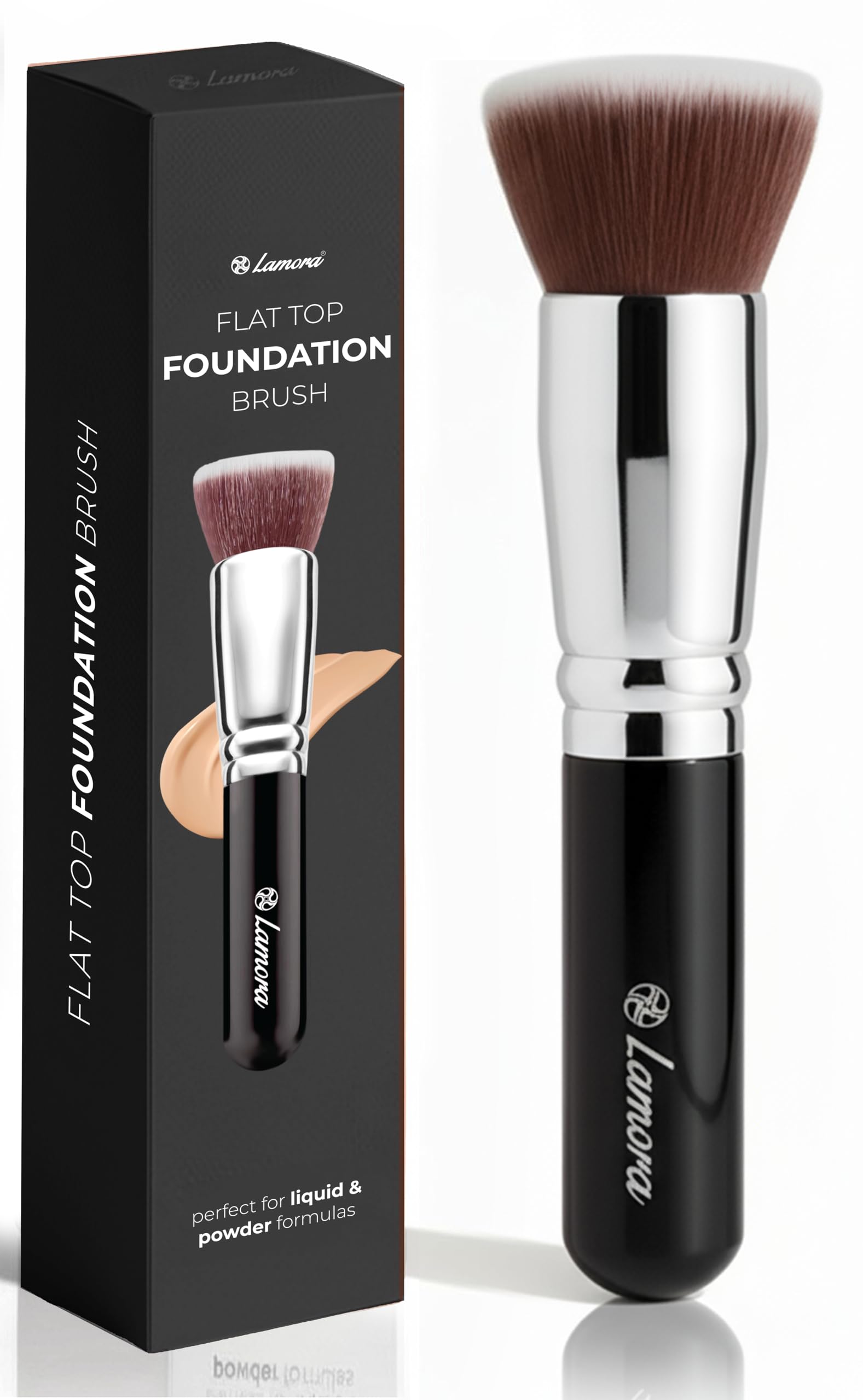 Lamora Makeup Brush Foundation Kabuki - Flat Top Face Brush for Liquid, Cream, and Powder Cosmetics - Full Coverage Blending, Buffing, Stippling, Contouring