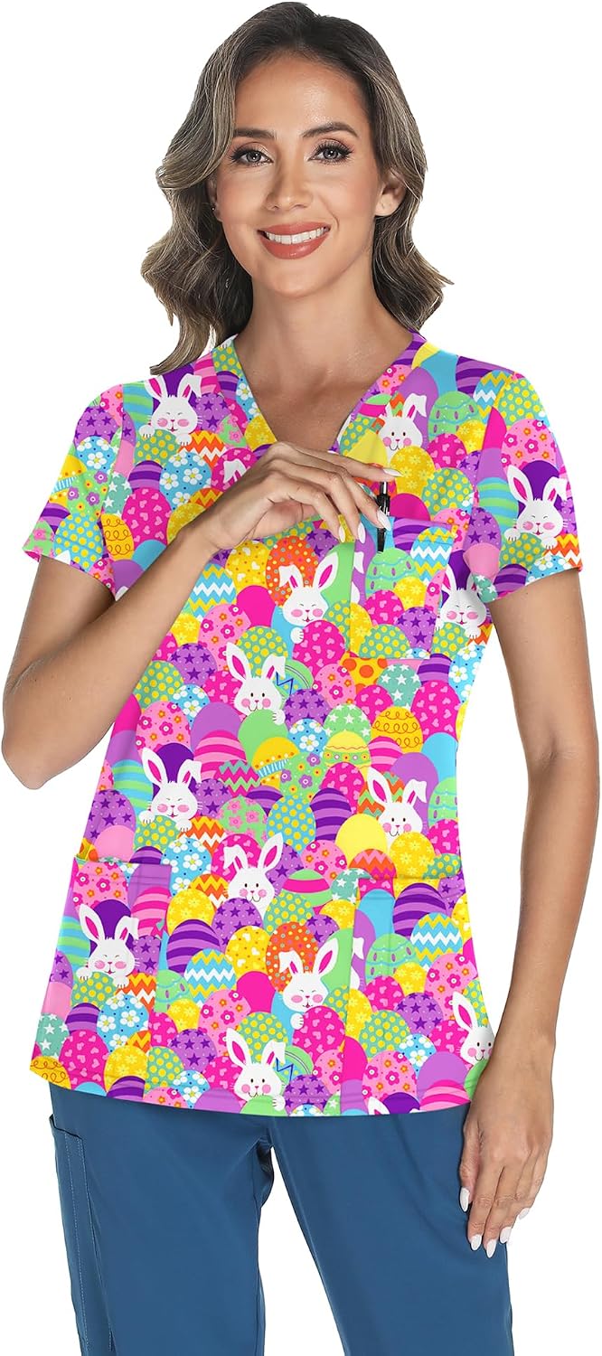 LOMON Women's V Neck Printed Scrub Top with 3 Pockets image 4