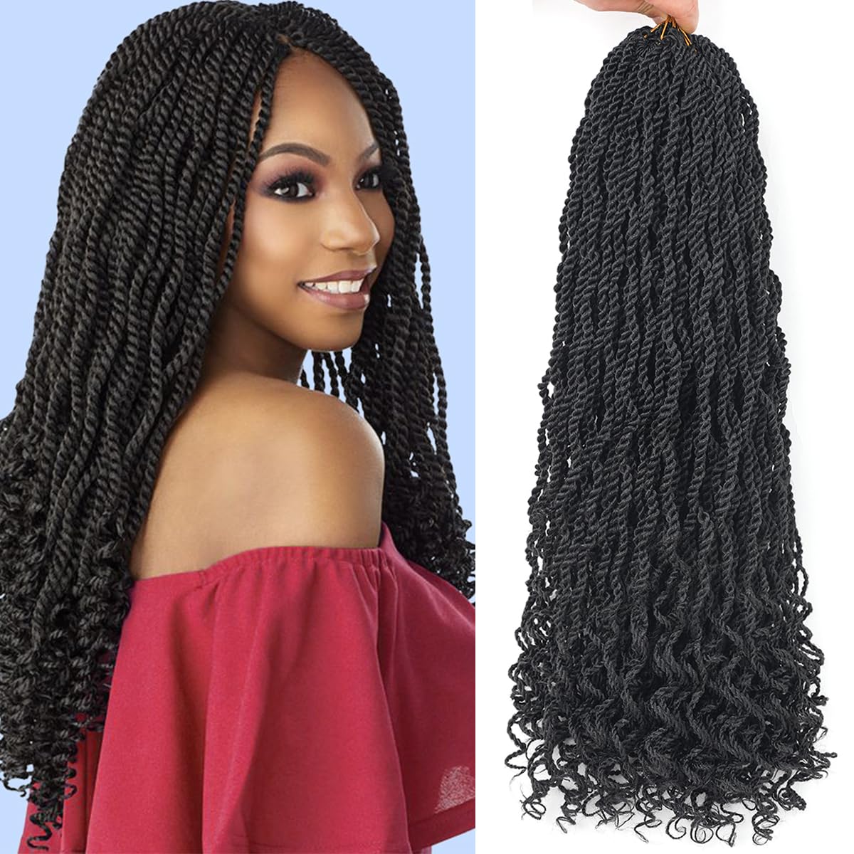 Kachanaa 8 Pack Wavy Senegalese Twist Crochet Hair for Black 24 Inch Synthetic Pre-Looped Kids Twisted Crochet Hair With Curly Ends Small Havana Twist