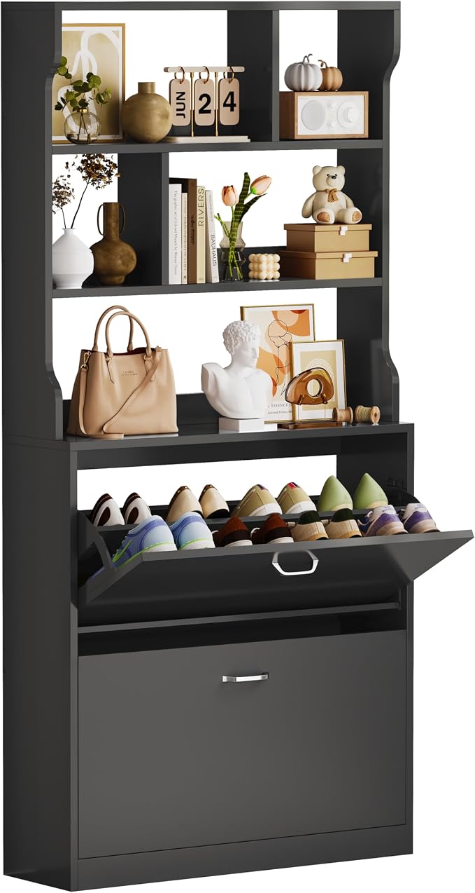 IRONCK Zapatero Alto 165cm con 2 Puertas Abatibles y 3 Estantes Abiertos…