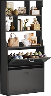 IRONCK Schuhschrank mit 2 Klappen, Schuhkipper Schmal, Schuhregal offenes Fach, Hohe Schuhaufbewahrung Holz Schuhkommode mit verstellbaren Trennwände für Flur Eingang Wohnzimmer, 24x80x165cm, Schwarz