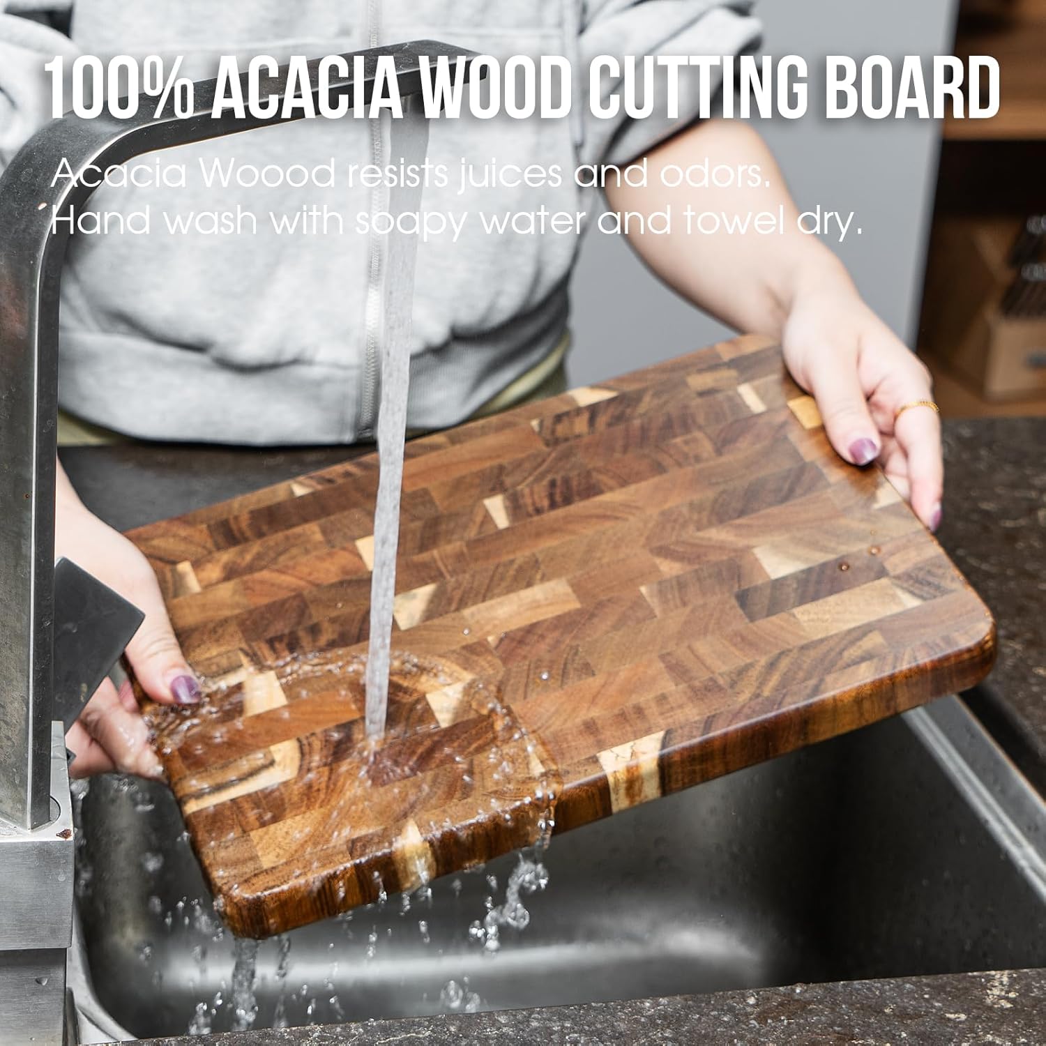 James.F End Grain Cutting Boards, Wooden Cutting Board for Kitchen with Side Handles, Acacia Wood Butcher Block Chopping Board for Meat Bread (13"x9"x1")