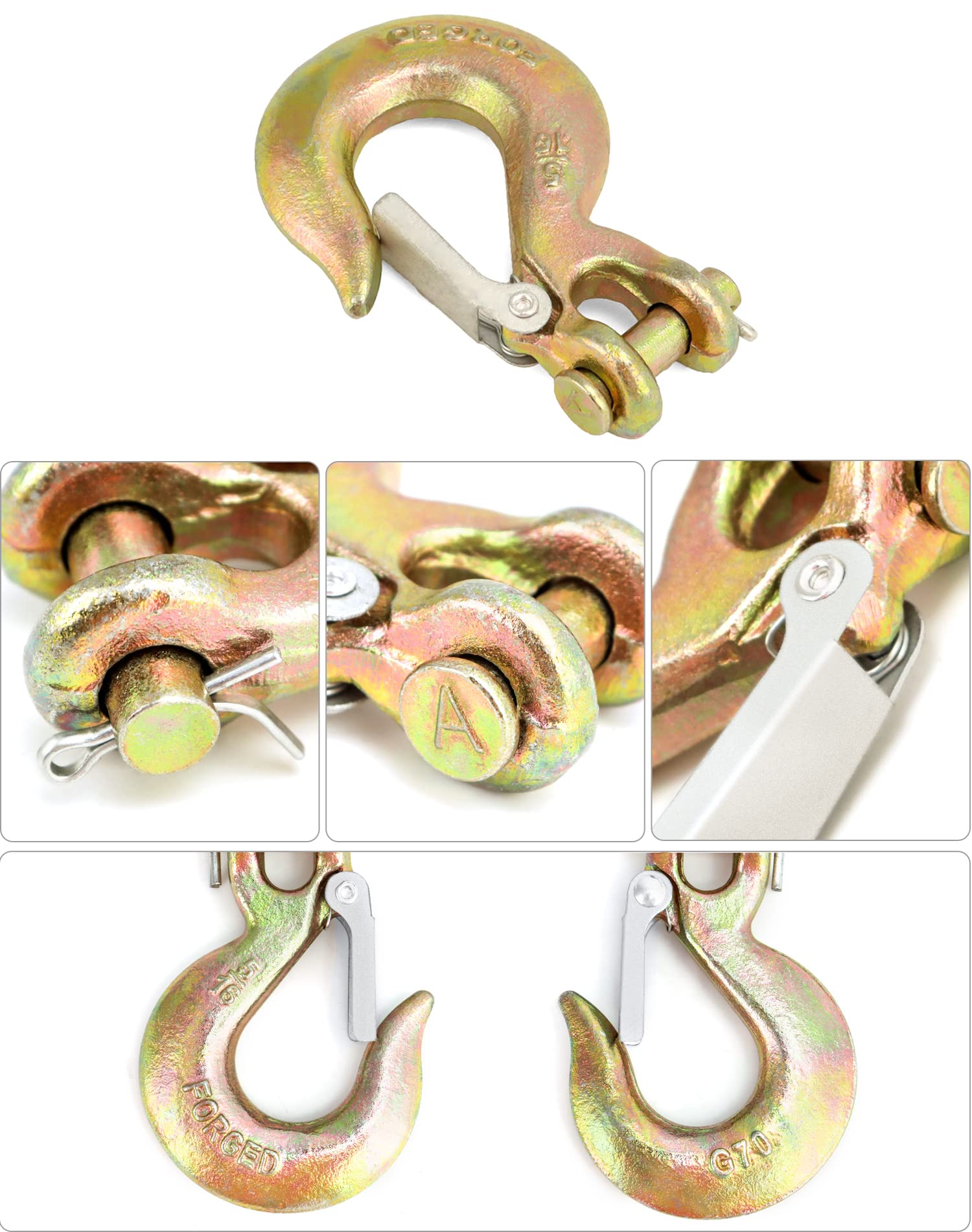 QWORK Ganci per catena di sicurezza, confezione da 8 ganci per catena di sicurezza in acciaio forgiato G70 da 5/16", con fermo, per rimorchi, verricelli, camion, rimorchi, carico 6,4 kg