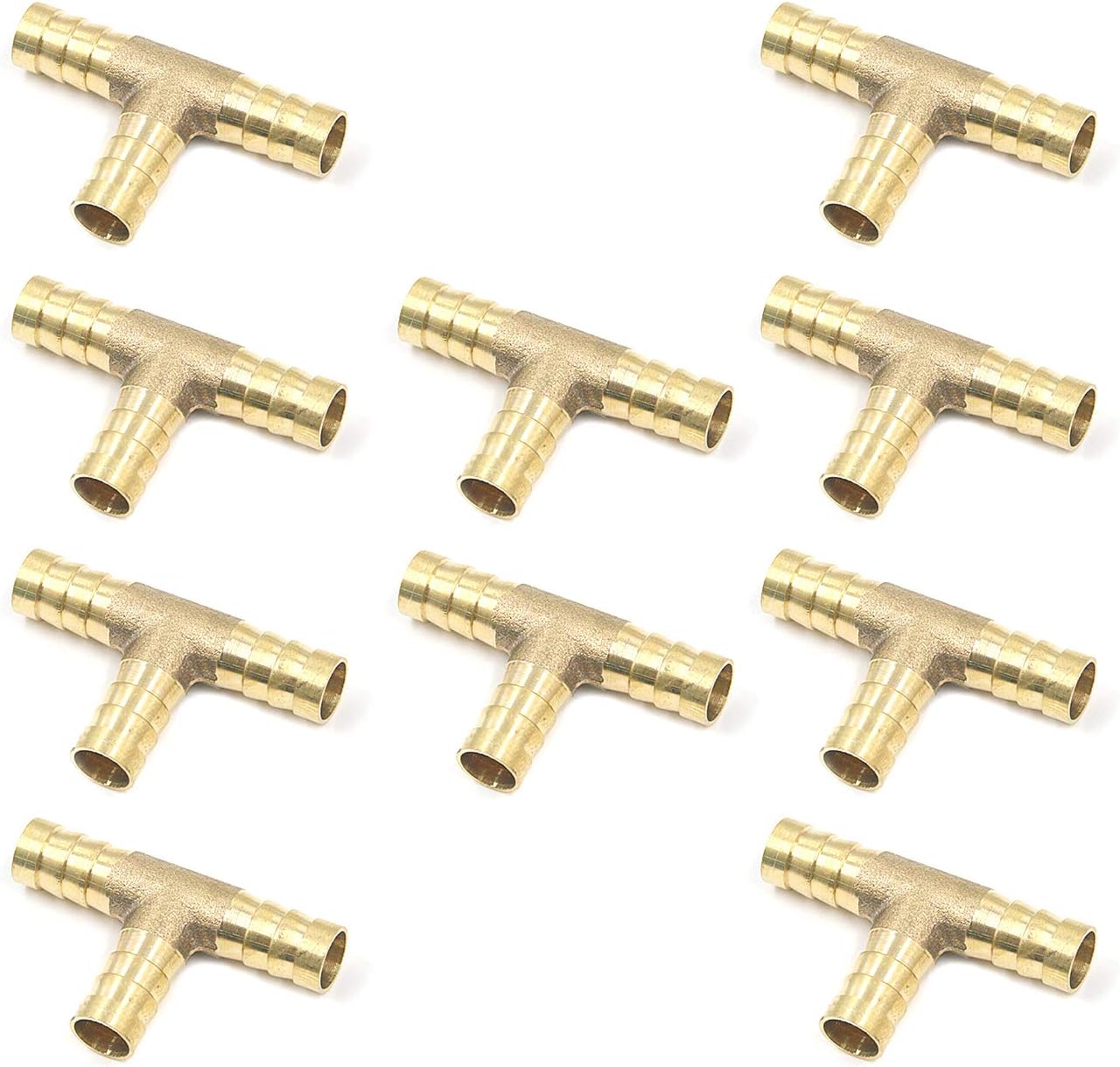 Antrader 10Pcs 1/4" Tee Brass Hose Barb Fittings with 30Pcs Pipe Clamps | Leakproof PEX Pipe Union Connectors for Fuel, Water, Air Tubing