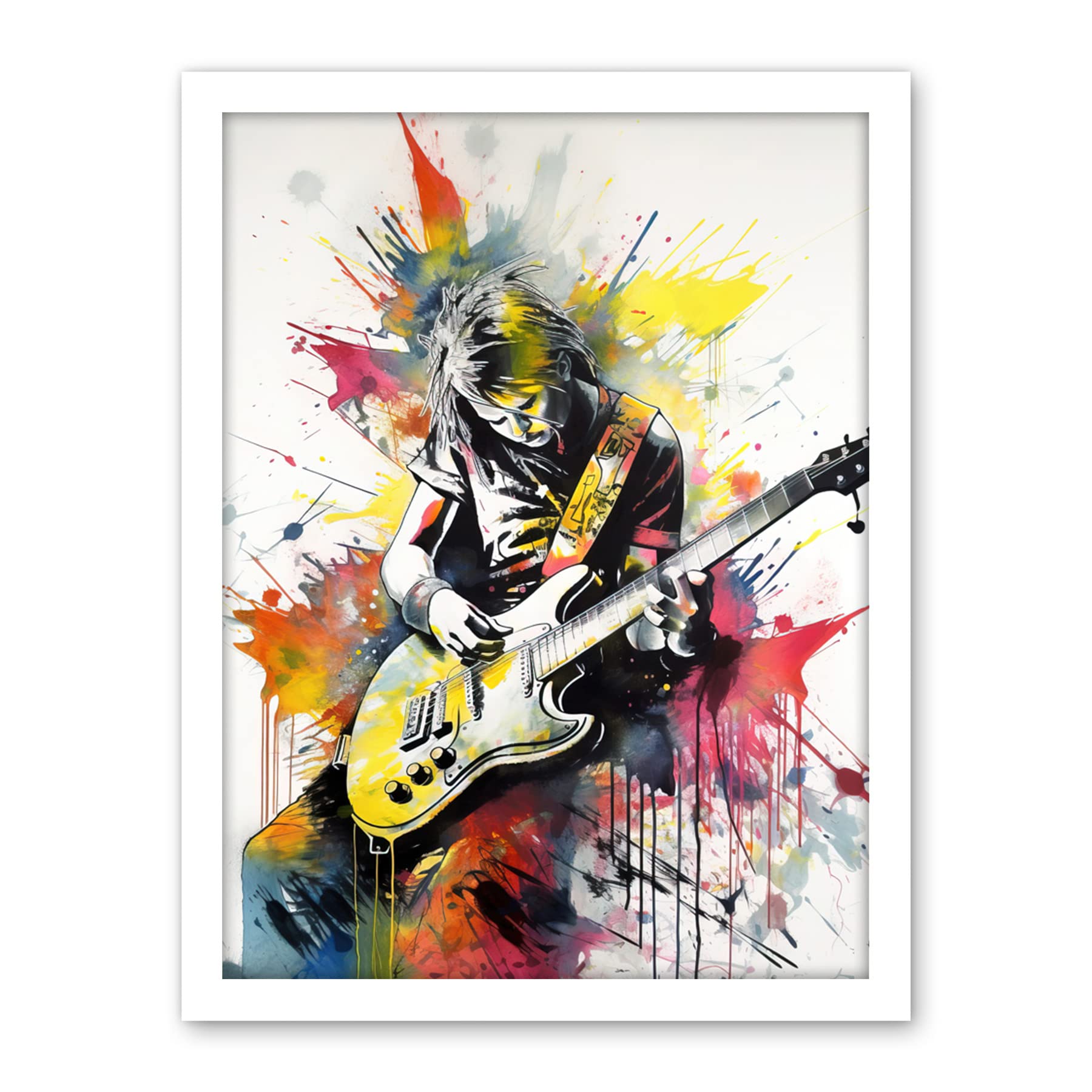 Artery8 Guitarist Playing Electric Guitar Music Solo Vibrant Modern Splat Paint Watercolour Illustration Artwork Framed Wall Art Print 18X24 Inch