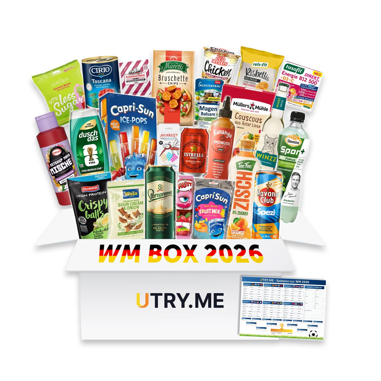 Utry.me WM-Box für Fußballabende mit Top-Marken - Snacks und Drinks mit über 50€ Warenwert - kuratierte Snackbox mit süßen und salzigen Knabberartikel sowie Getränke