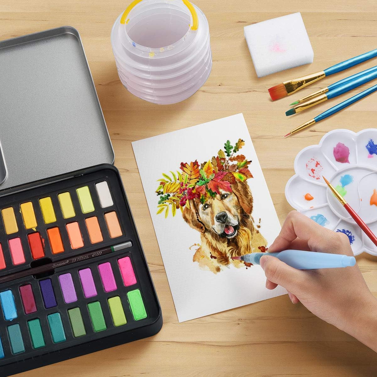 Amazon Co Jp Frunsi 水彩絵具セット プロフェッショナル 水彩絵の具 36色詰め合わせ 旅行用ポケット 単色水彩キット 水筆ペン付き 水彩画用紙 水彩キット スケッチ用 絵の具 絵の具 ホビー