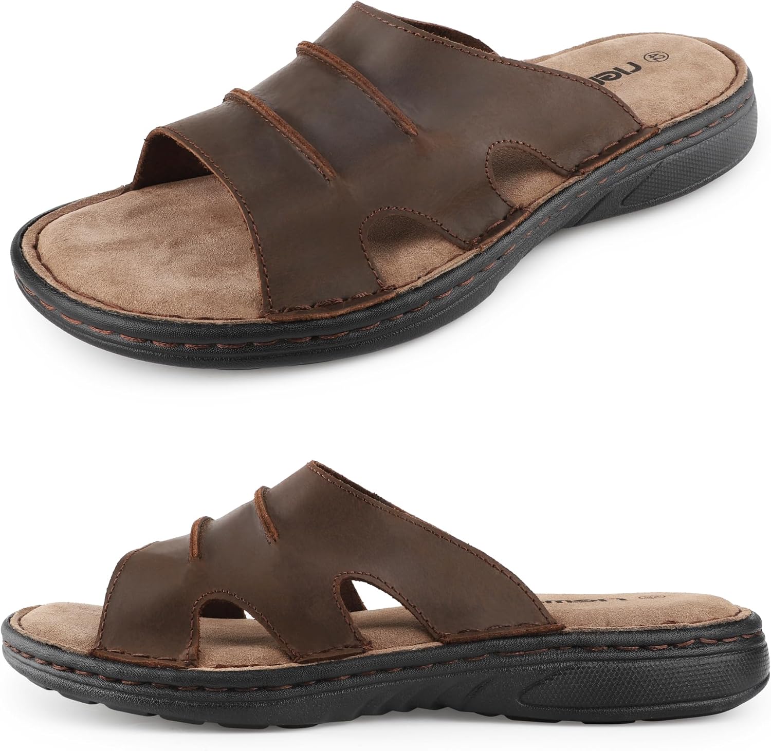 riemot Mens Leather Slide Sandals Comfortable Lightweight Summer Beach Slides with Memory Foam Footbed Casual Walking Cushioning Slip on Sandal Indoor & Outdoor US 9-14 - Image 8